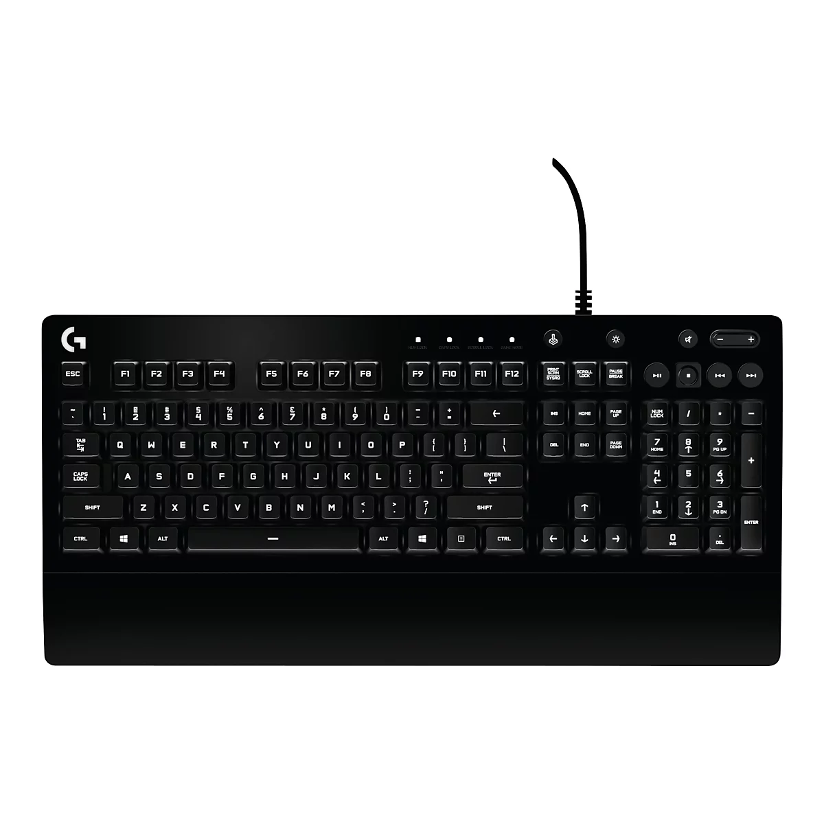 Schwarze Computertastatur. Das Logitech-Logo befindet sich oben links, Tasten mit weißen Buchstaben und Symbolen, mit einem schwarzen Kabel verbunden.