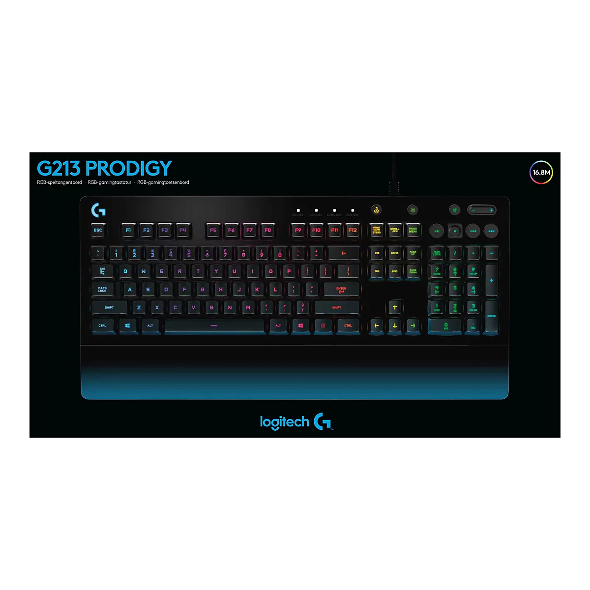 Eine Gaming-Tastatur, G213 Prodigy, mit RGB-Beleuchtung. Die Tasten sind schwarz mit weißen und pinkfarbenen Buchstaben. Oben links das Logitech-Logo, rechts die Angabe 16.8M.