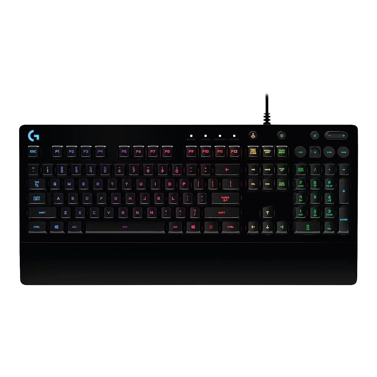 Schwarze Gaming-Tastatur von Logitech mit RGB-Beleuchtung und Handballenauflage vor weißem Hintergrund.