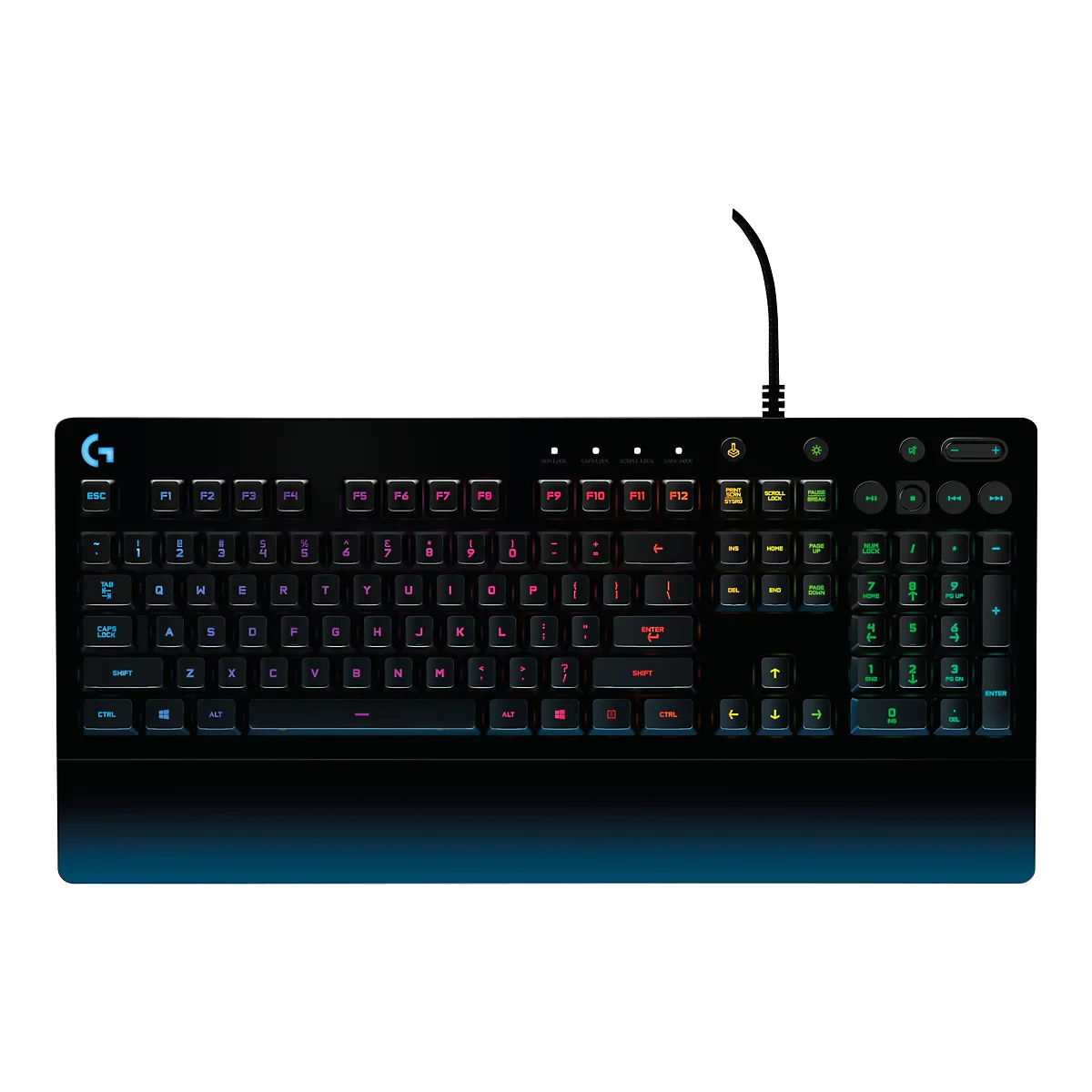 Schwarze Gaming-Tastatur mit beleuchteten Tasten, mit Kabel. Verschiedene Farben werden verwendet, um verschiedene Bereiche zu identifizieren. Das Logo "G" ist oben links sichtbar.
