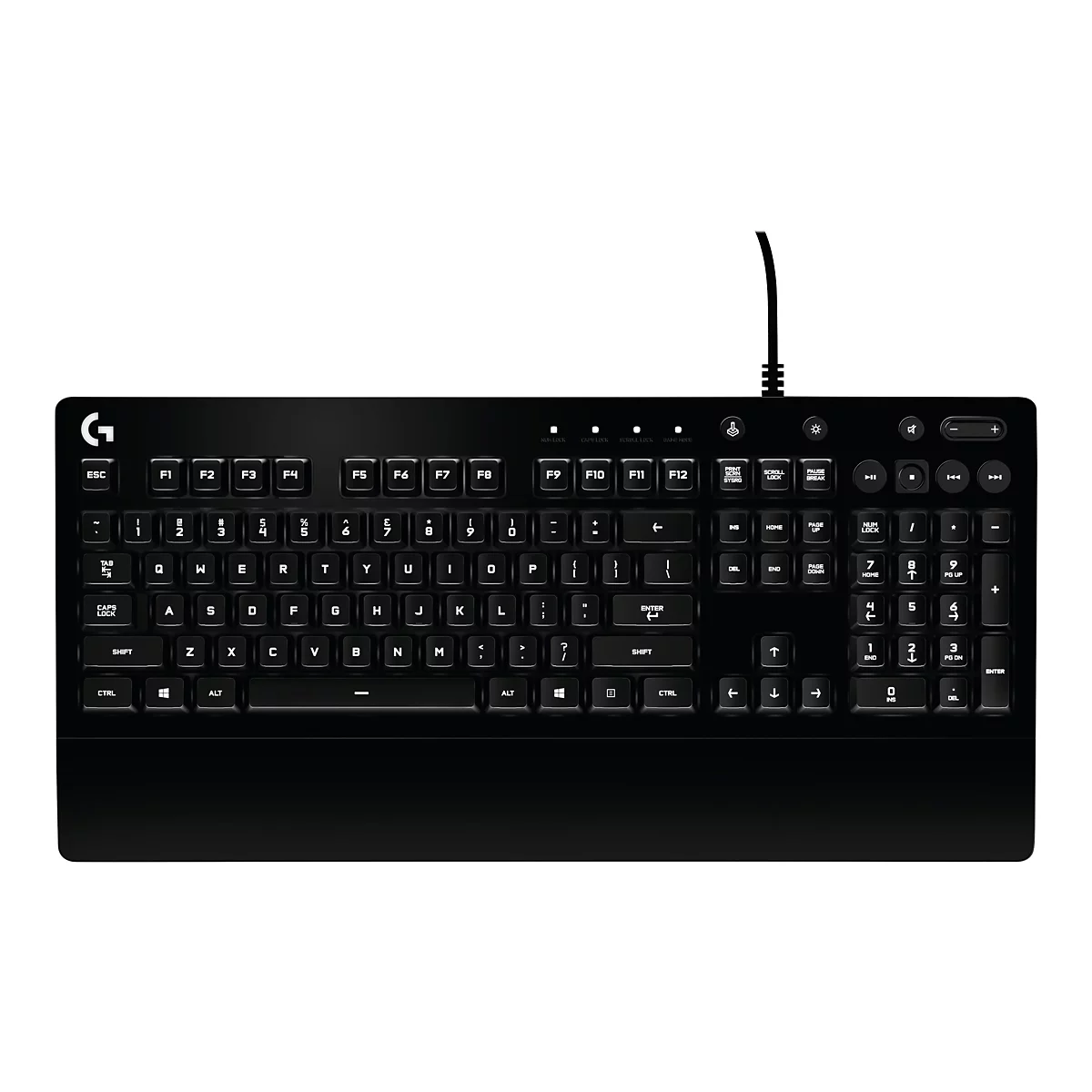 Schwarze Computertastatur. Buchstaben und Zeichen in weißer Schrift. Der obere Teil der Tastatur enthält Funktionstasten und Steuerungselemente.