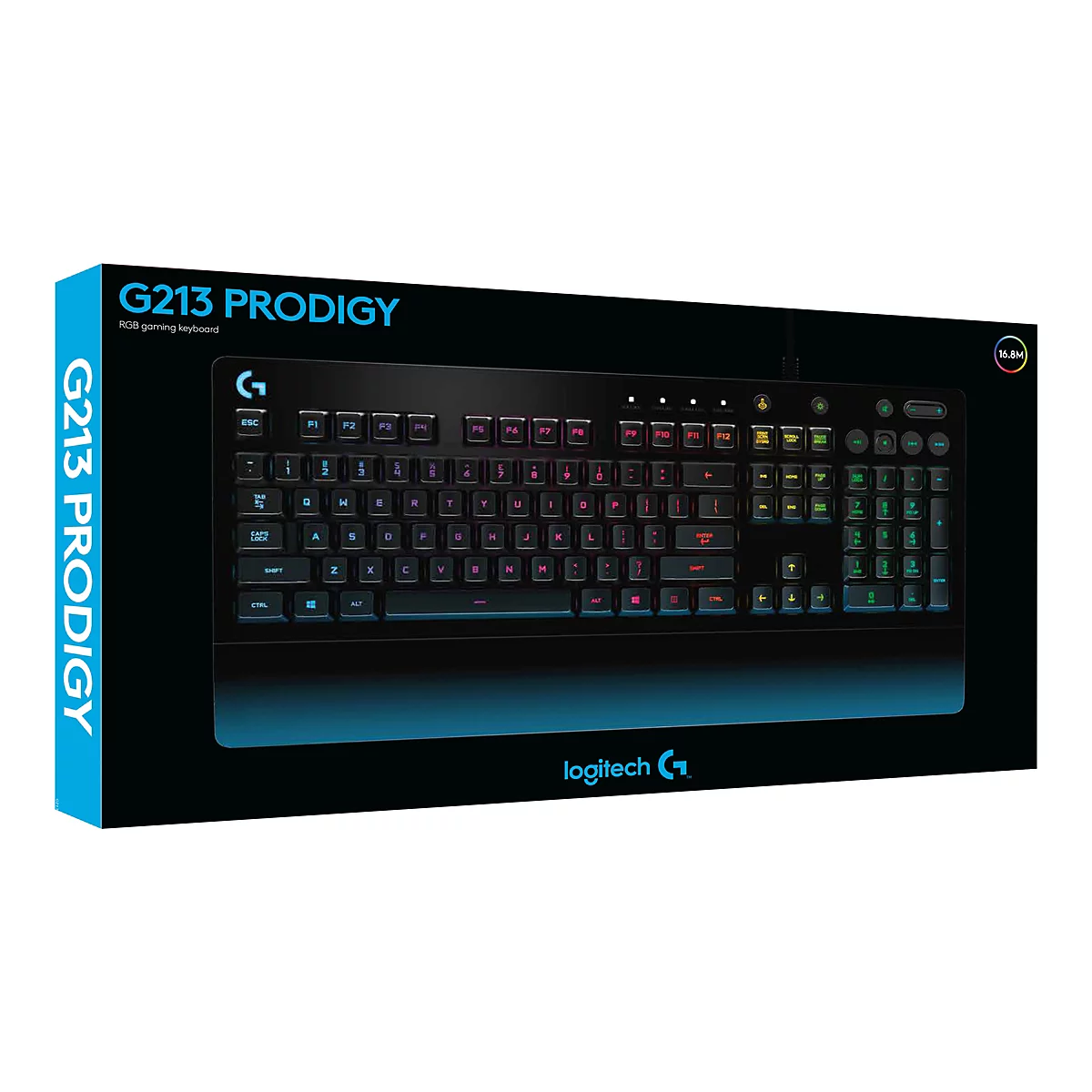 Schwarze Logitech G213 Prodigy Gaming-Tastatur, beleuchtet mit farbigen Tasten. Auf der Verpackung steht 'G213 Prodigy RGB Gaming Keyboard'.