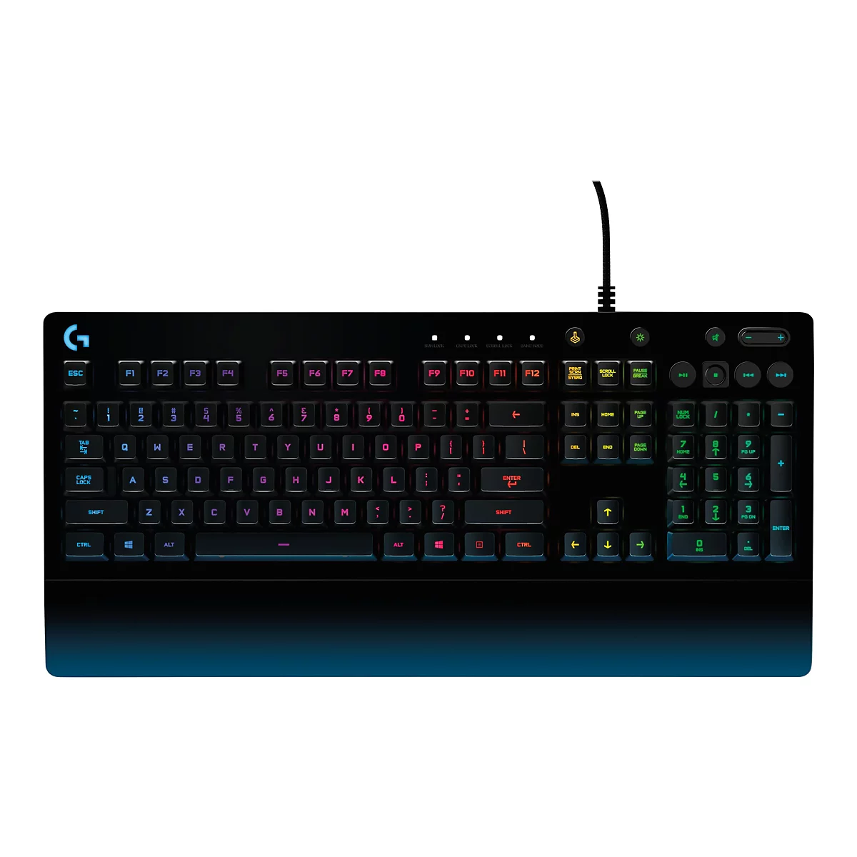 Schwarze Gaming-Tastatur mit beleuchteten Tasten und Kabelanschluss. Verschiedene Funktionstasten und ein G-Logo.