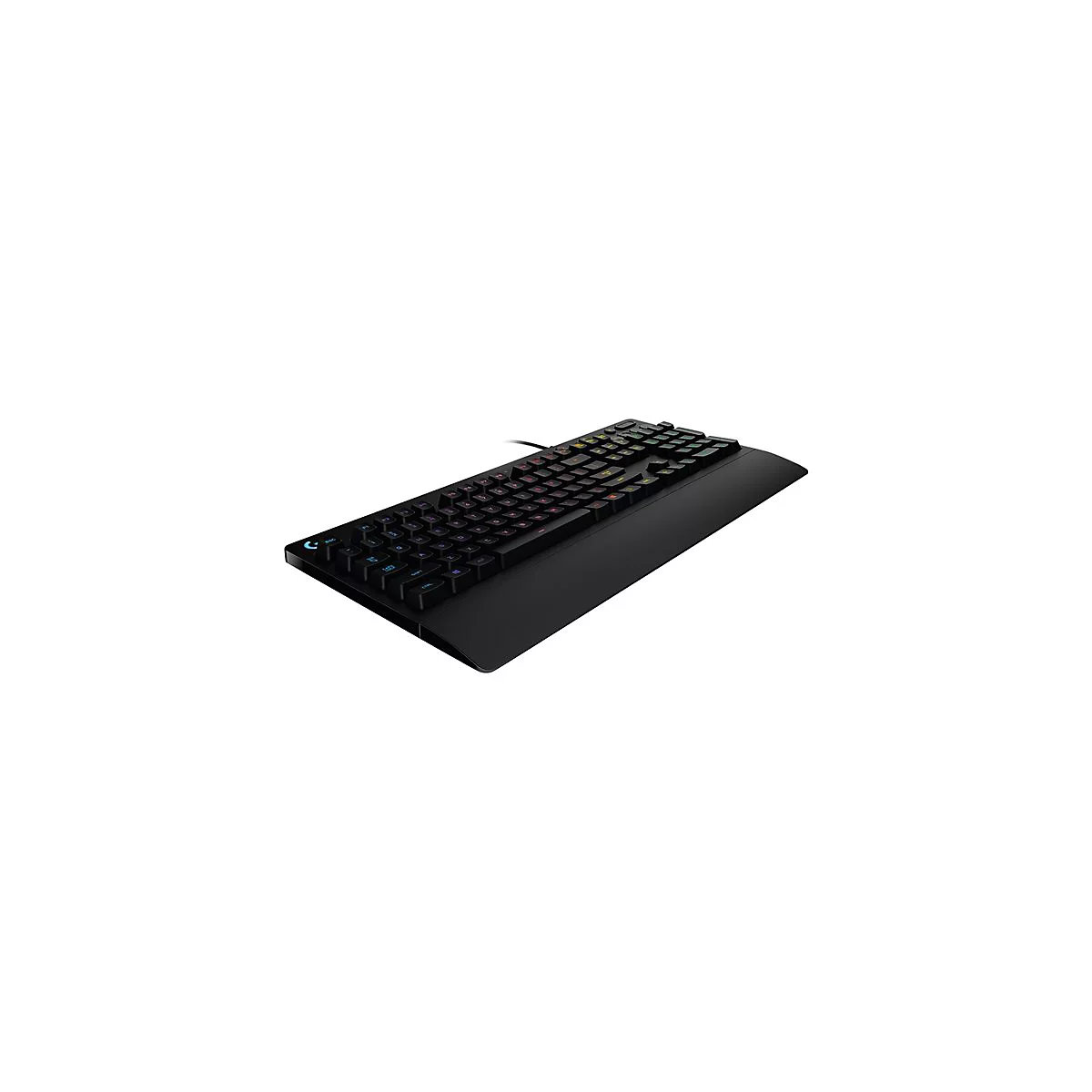 Schwarze Gaming-Tastatur mit Handballenauflage. Beleuchtete Tasten, Kabelanschluss. WeiÃŸer Hintergrund.