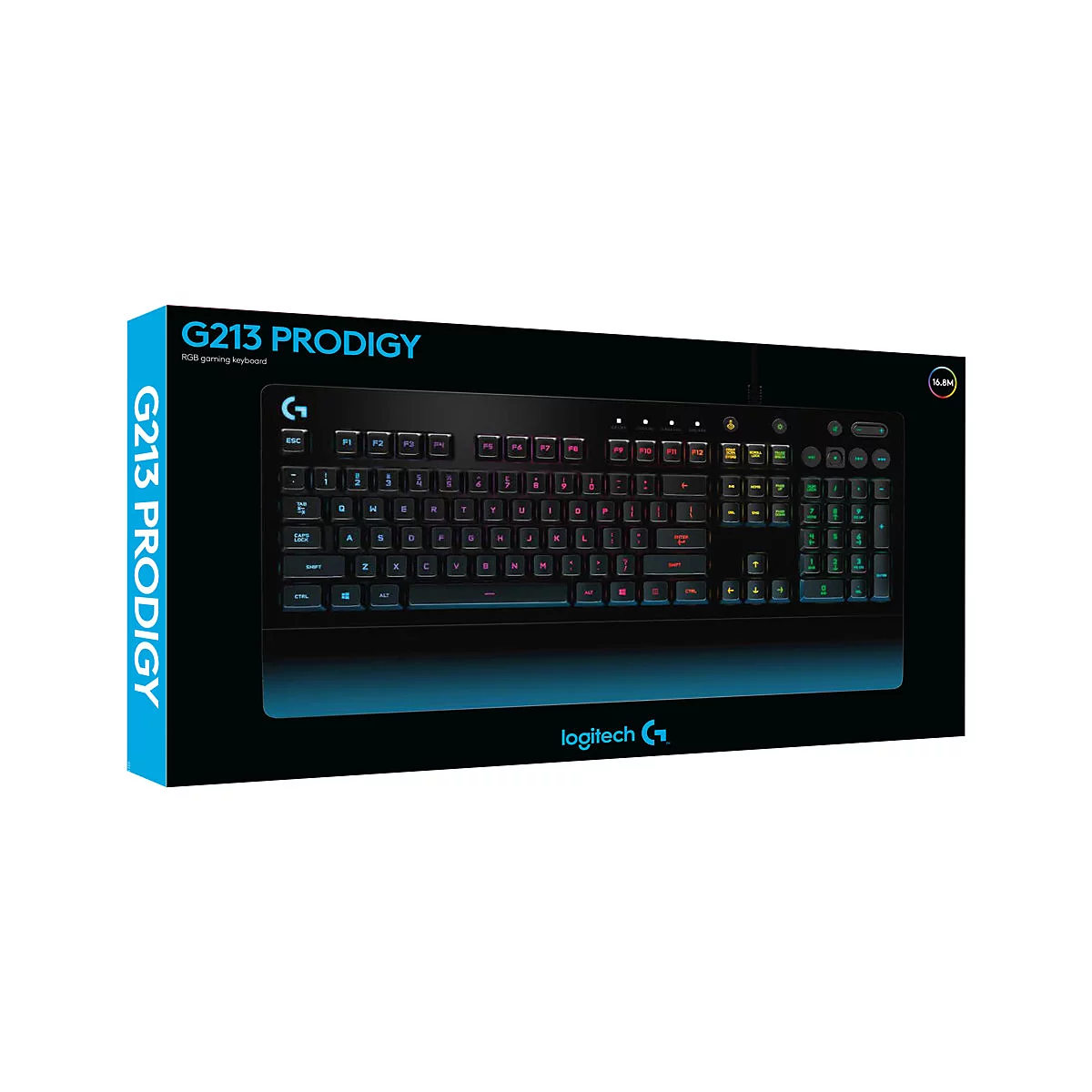 Schwarze Tastatur in schwarzer Verpackung. Aufdruck: G213 Prodigy, Logitech. RGB Beleuchtung sichtbar.