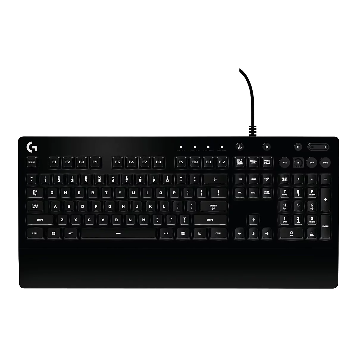 Schwarze Gaming-Tastatur mit Kabel, Tasten mit weiÃŸen Beschriftungen, Logo oben links.