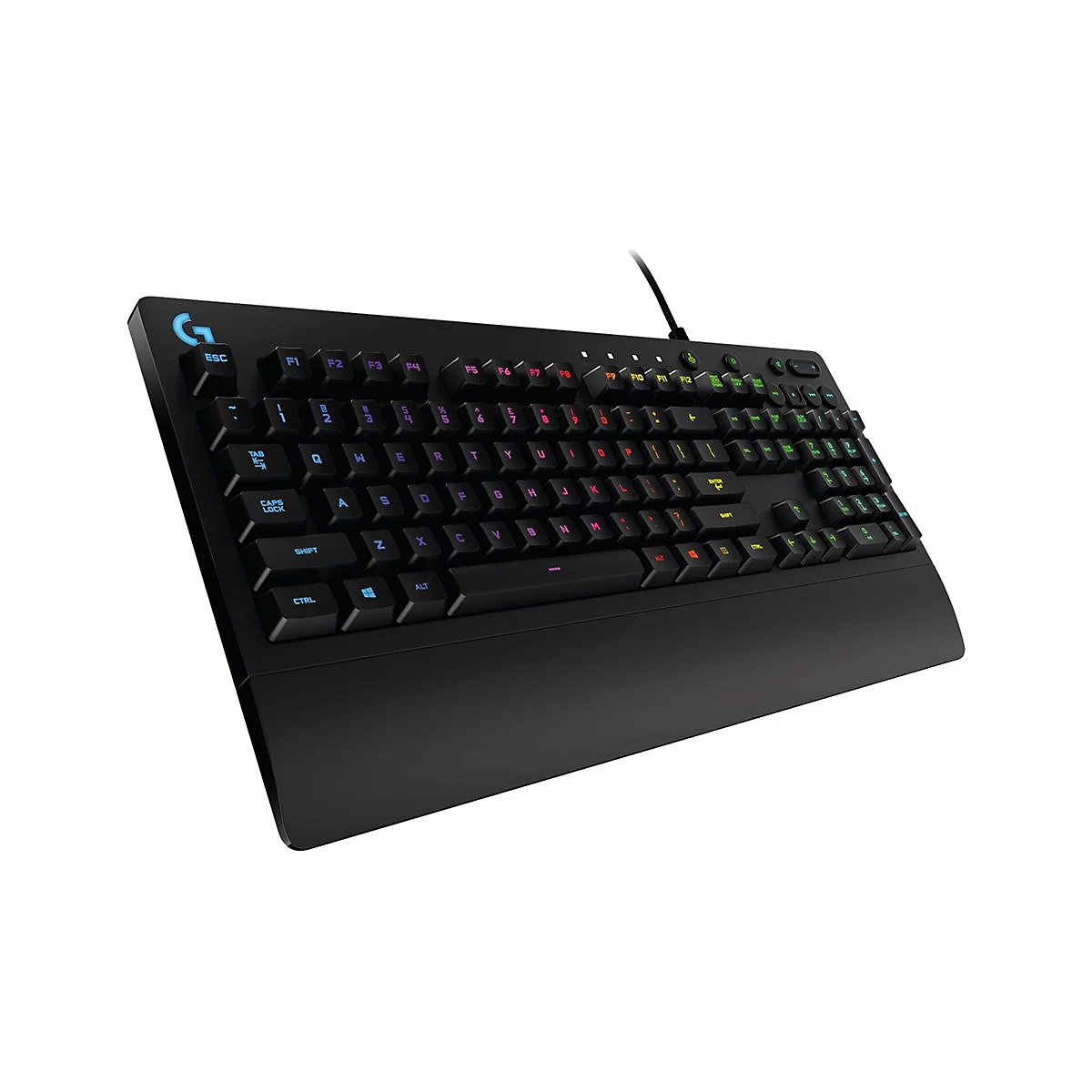 Schwarze Gaming-Tastatur mit farbiger Beleuchtung und G-Logo.