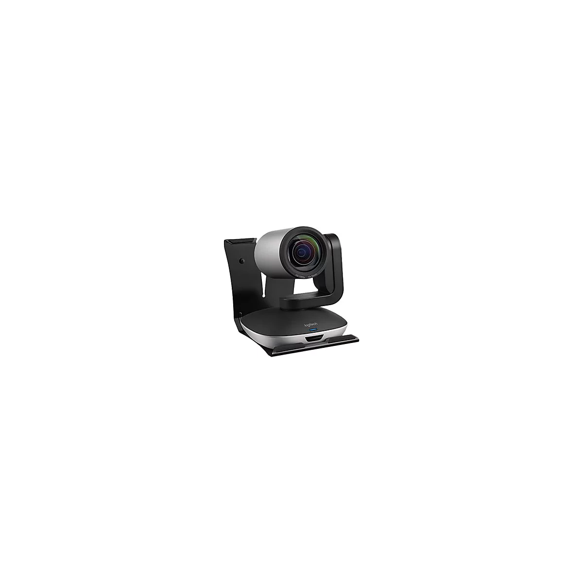 Webcam, silber-schwarz, mit Objektiv, auf Halterung. Aufschrift: Logitech. Mit HD-1080p und 10x Zoom.
