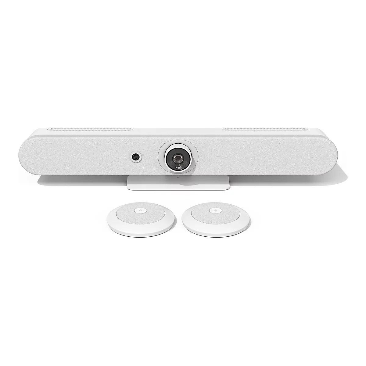Ein weißes Logitech Videokonferenzsystem. Oben die Videoleiste mit Kamera, Mikrofon und Lautsprechern. Darunter zwei runde Lautsprecher.