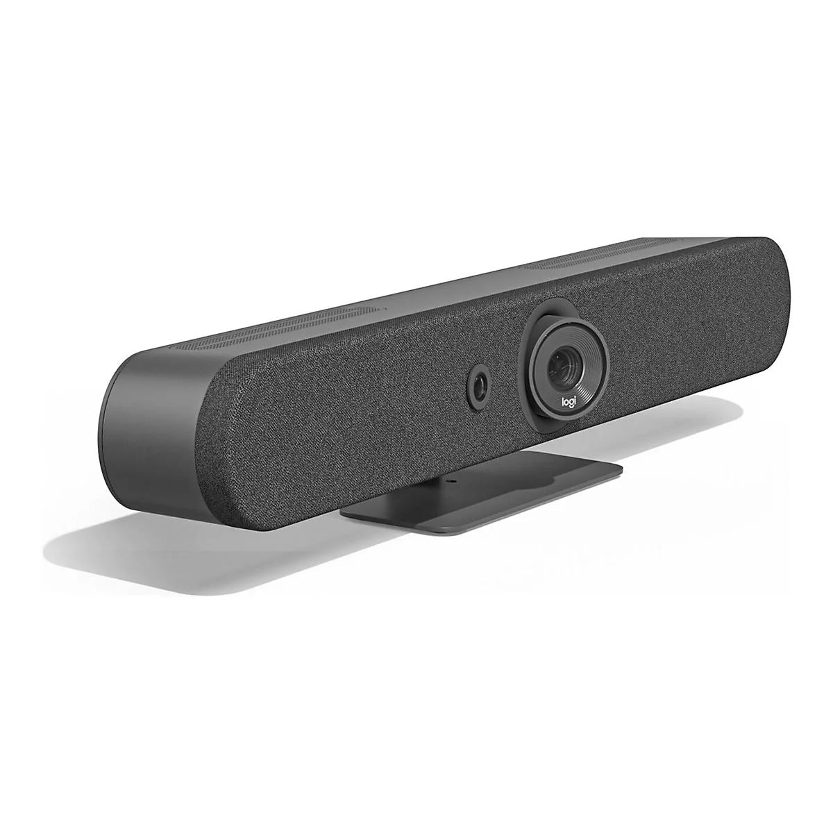 Graue Logitech Videokonferenzleiste mit Kamera, Lautsprecher und Mikrofon. Auf einem weißen Hintergrund.