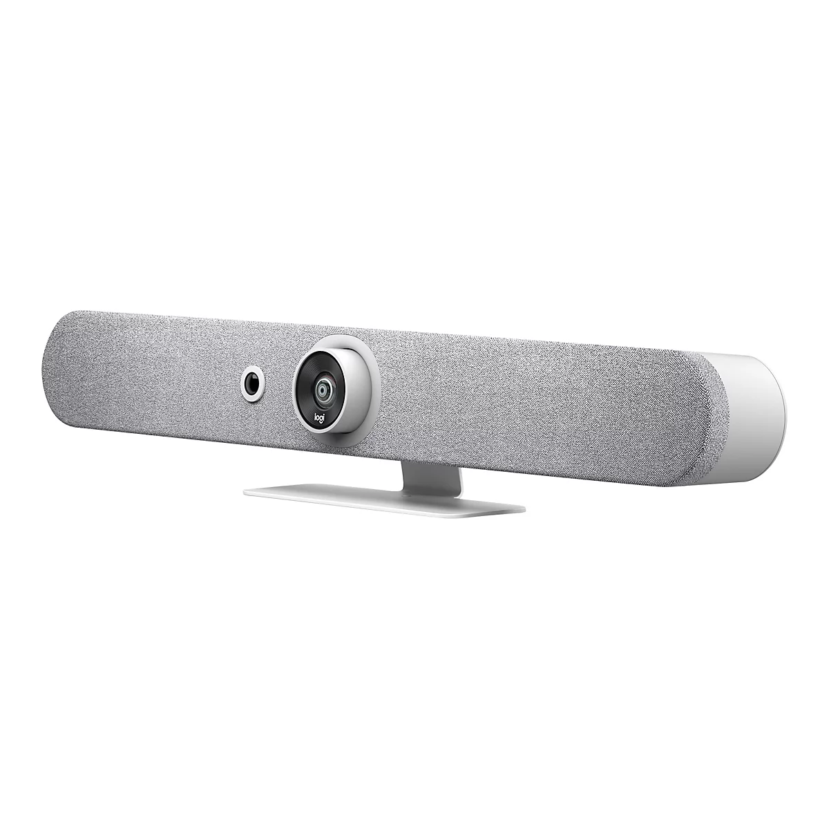 Eine graue Videokonferenz-Soundbar mit Kamera und Logo auf weißem Grund.