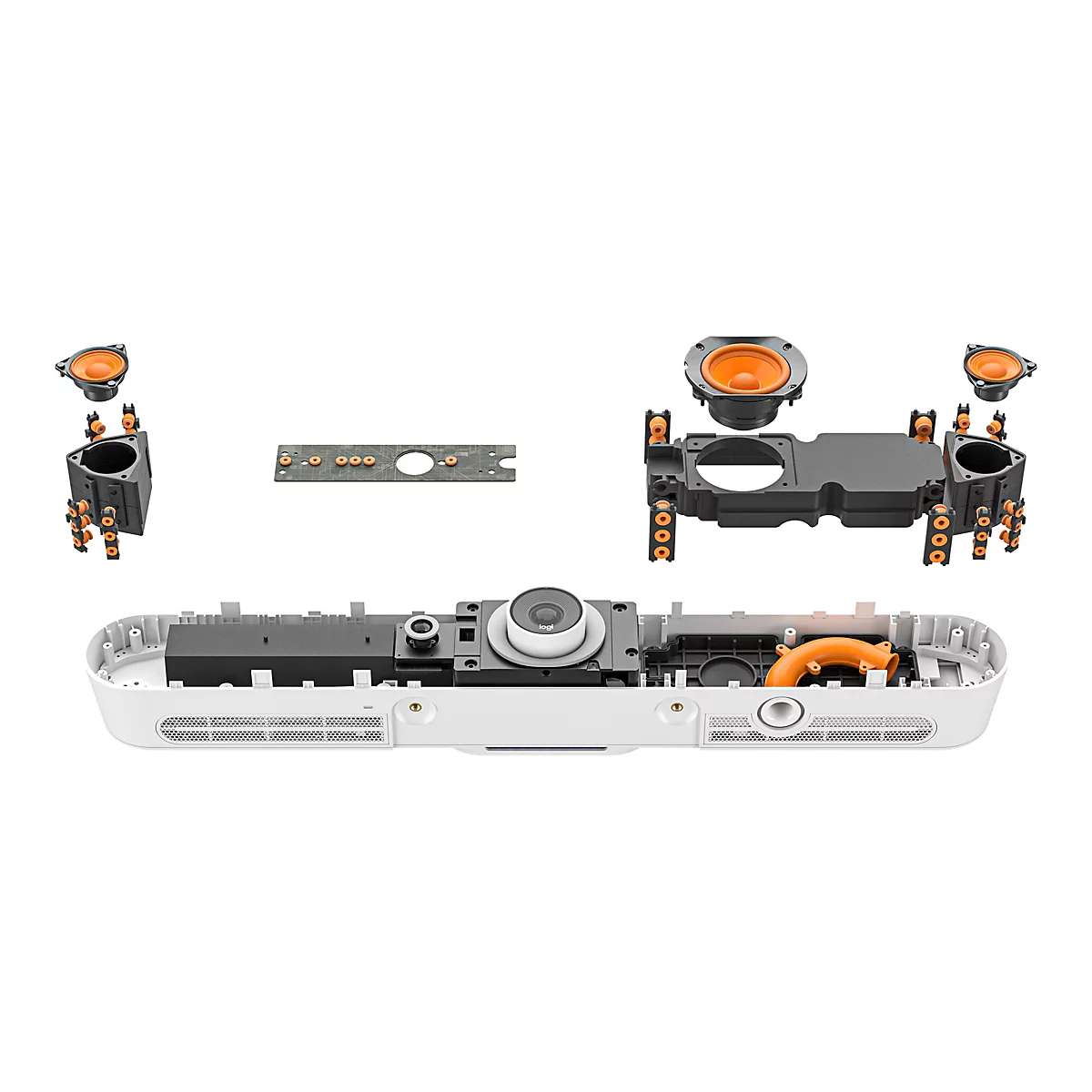 Explosionszeichnung einer Soundbar. Einzelne Komponenten sind zu sehen: Lautsprecher, Platine, Kamera und Gehäuse.