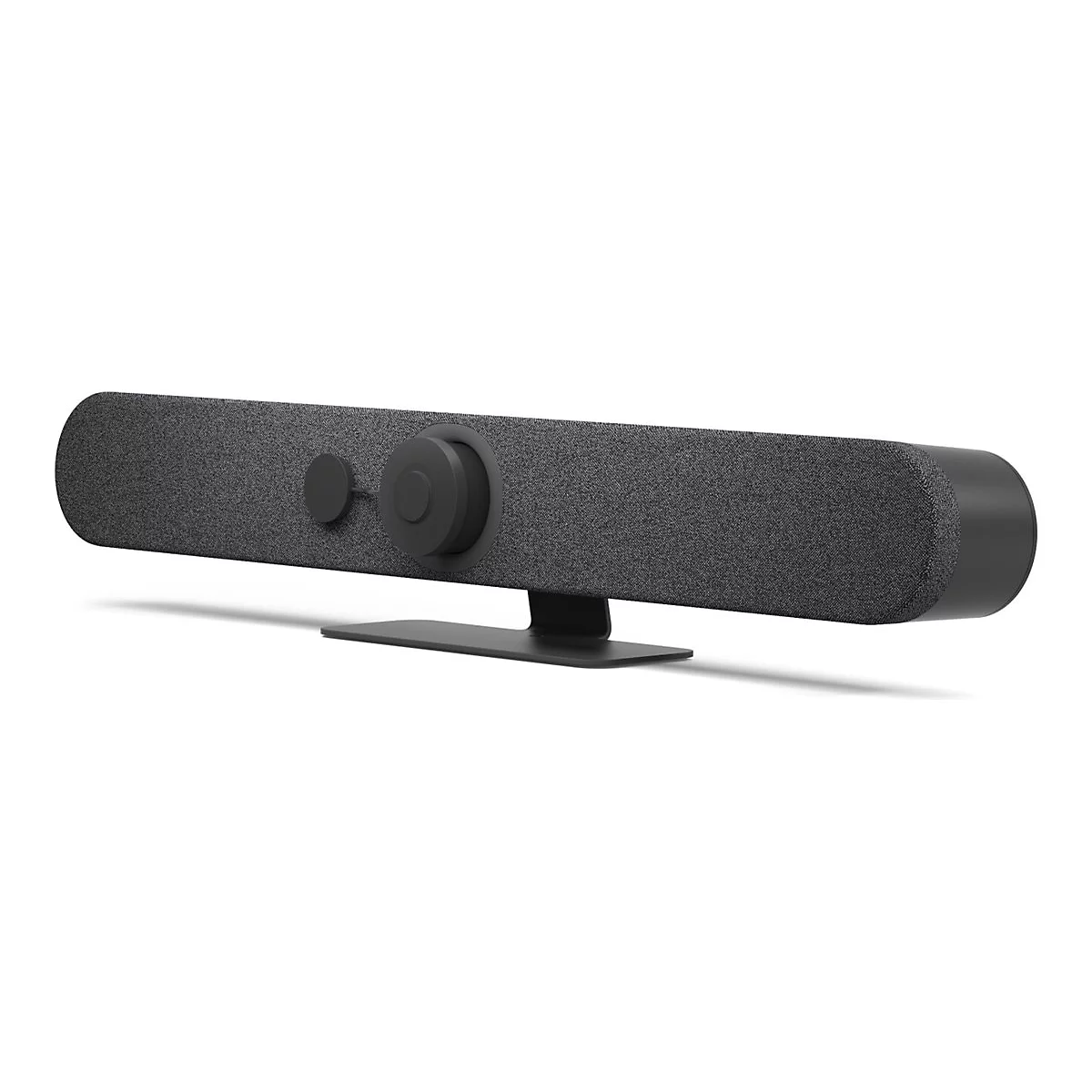 Schwarze Soundbar auf einem schwarzen Ständer, mit zwei runden Bedienelementen.