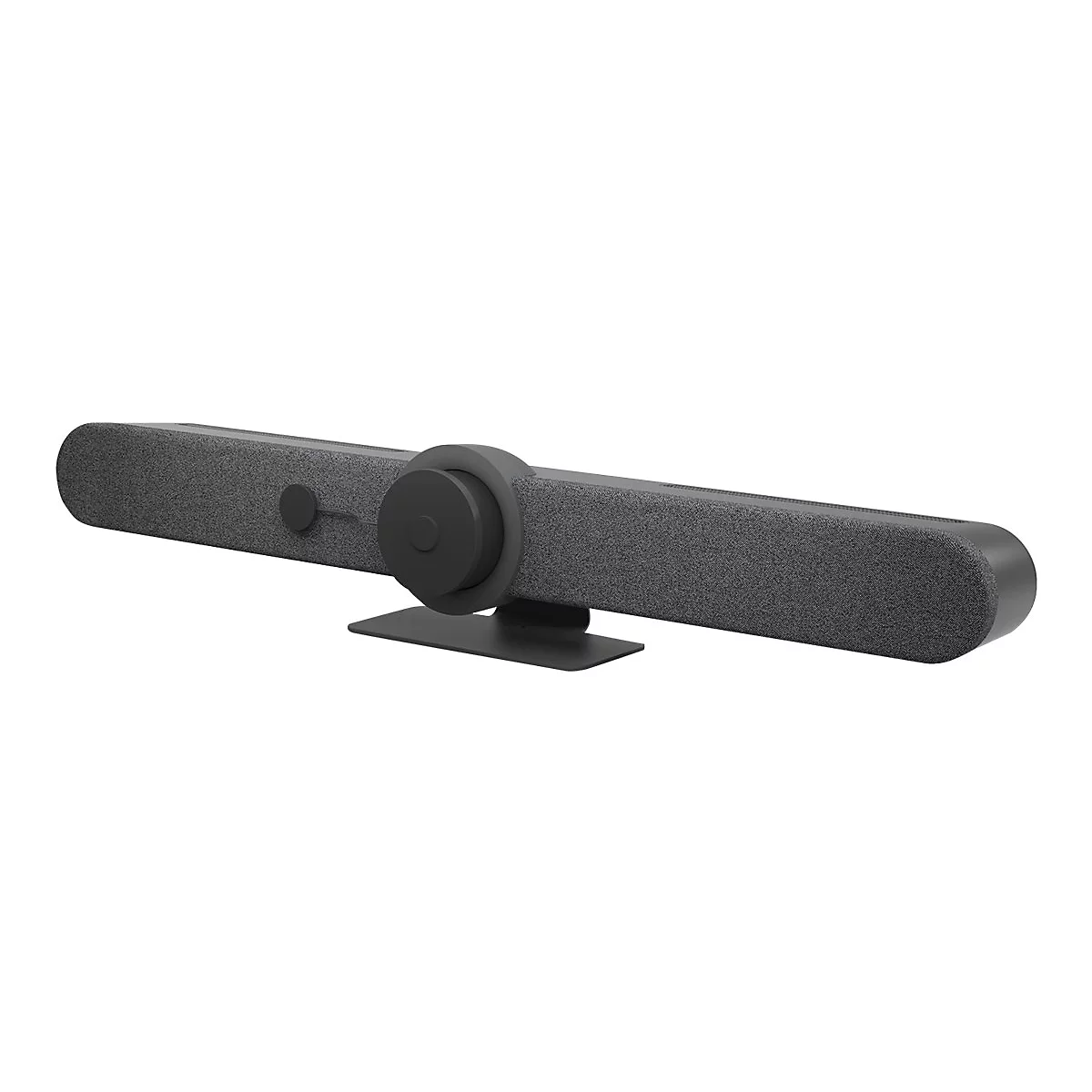 Dunkelgraue Videokonferenz-Soundbar mit Halterung auf weißem Hintergrund.