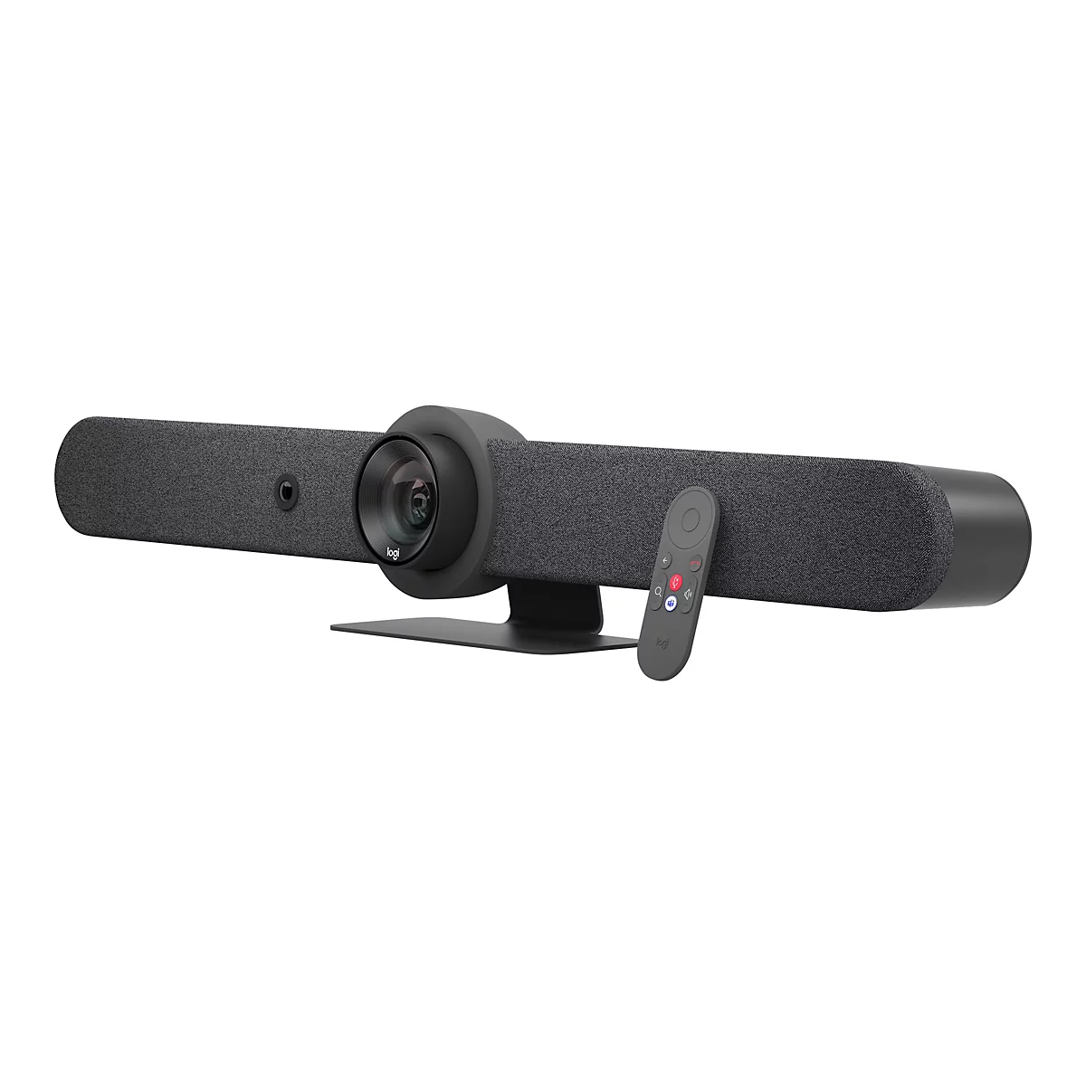 Graues Logitech Videokonferenzsystem mit Fernbedienung auf weißem Hintergrund.
