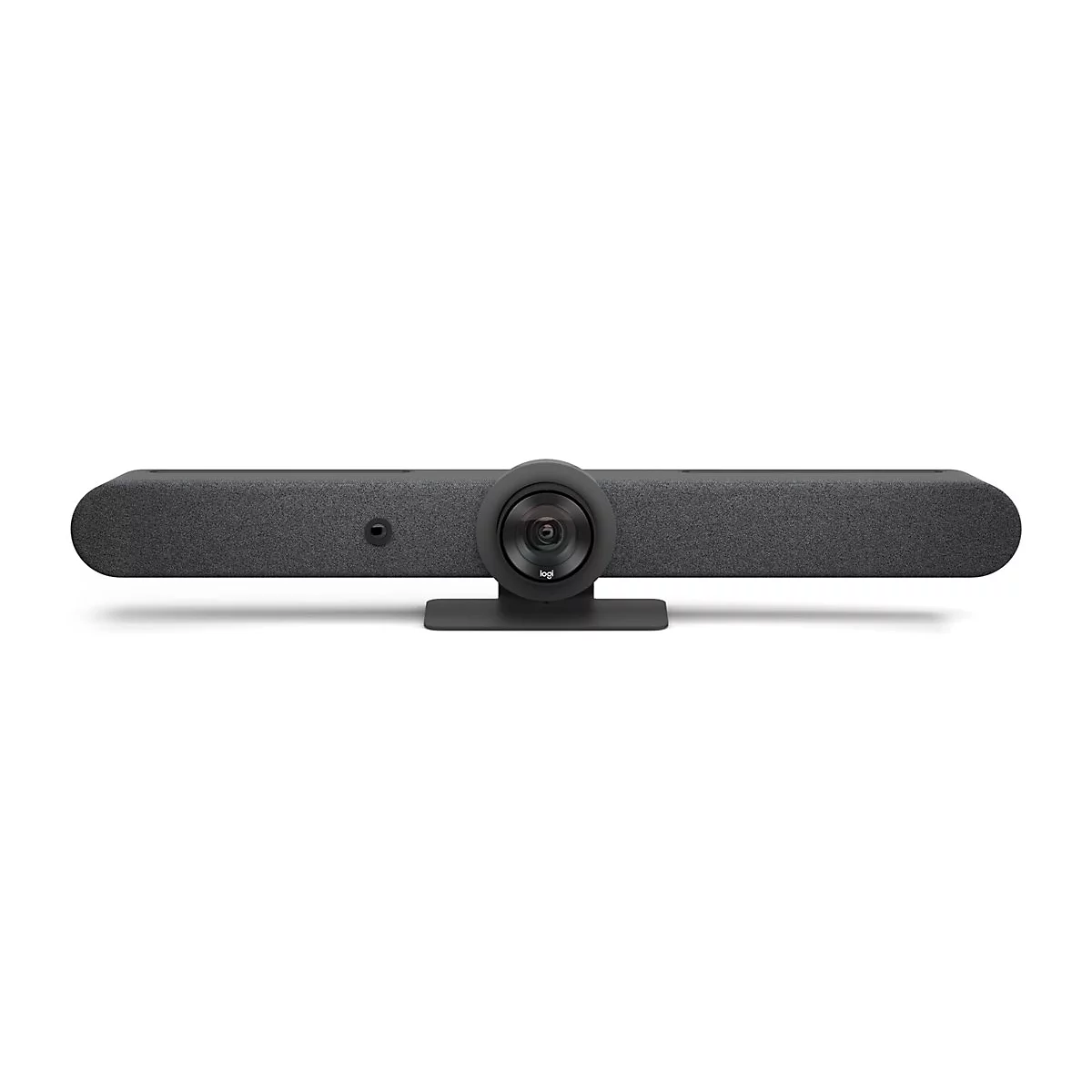 Dunkelgraue Videokonferenz-Soundbar, in der Mitte Kamera, darunter Halterung, auf weißem Hintergrund.