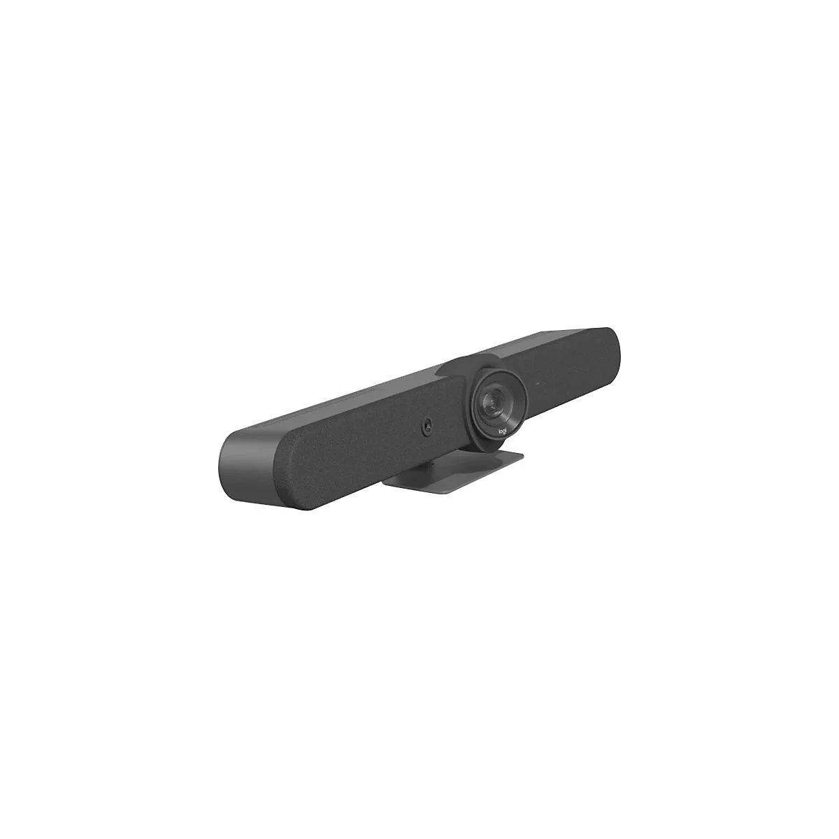 Dunkelgraue Videokonferenz-Soundbar auf weißem Hintergrund, mit Objektiv, Logitech-Logo und Halterung.