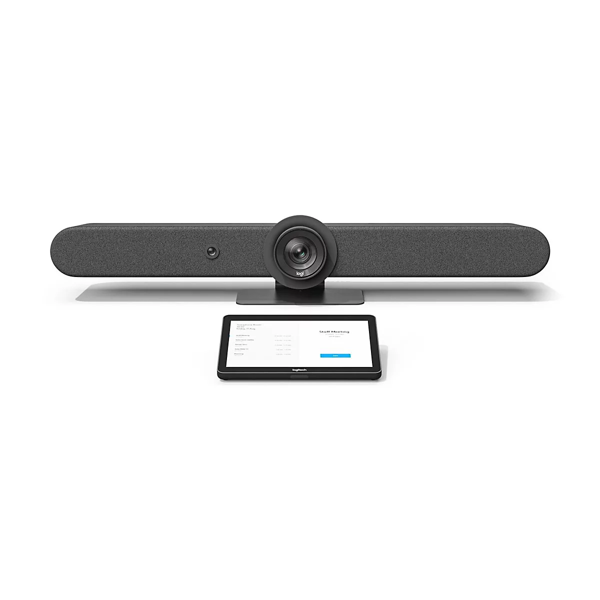Dunkelgraue Videokonferenzleiste mit Kamera und Tablet vor weißem Hintergrund.