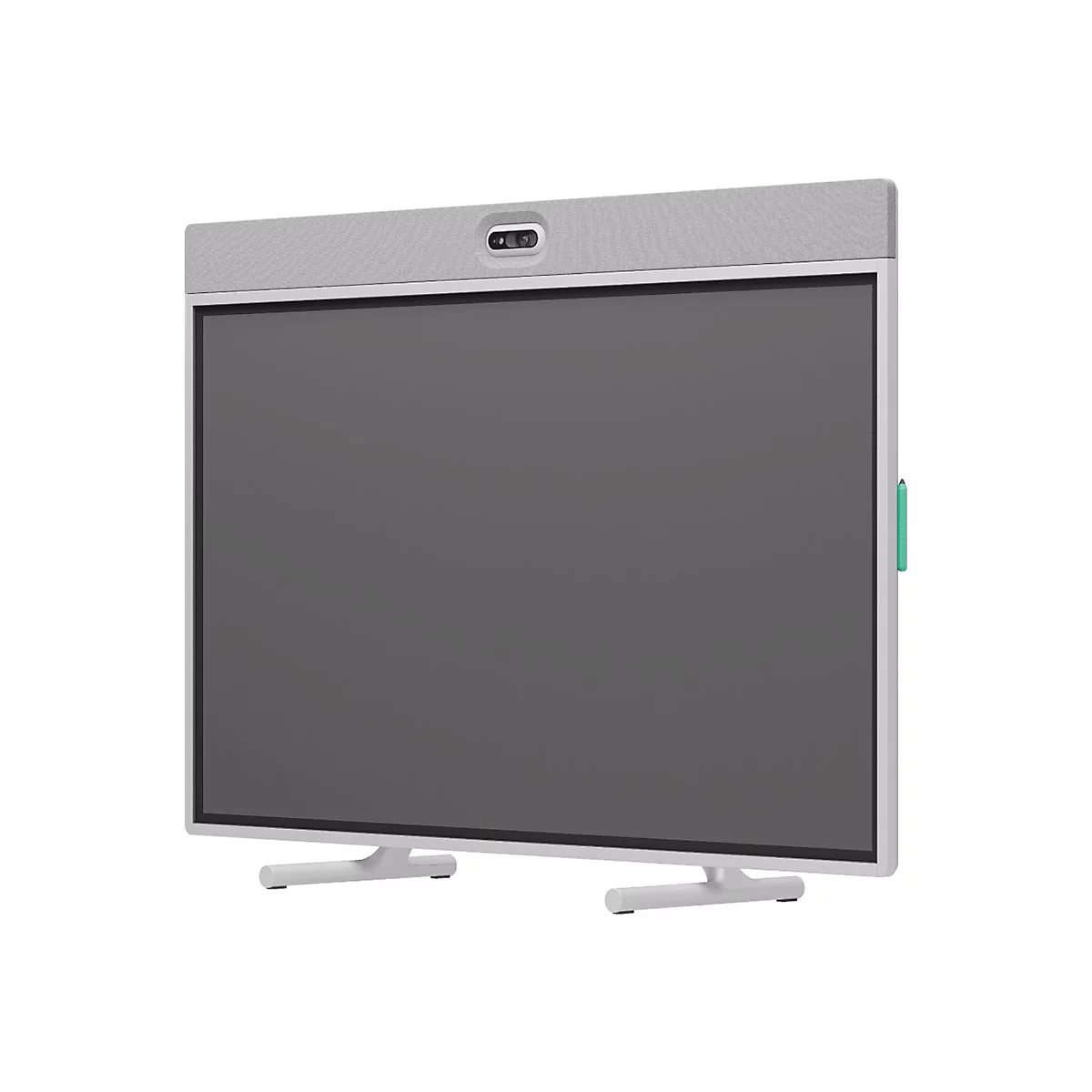 Ein grauer Bildschirm mit weißem Rahmen. Oben eine graue Leiste mit Kamera, unten ein Standfuß.