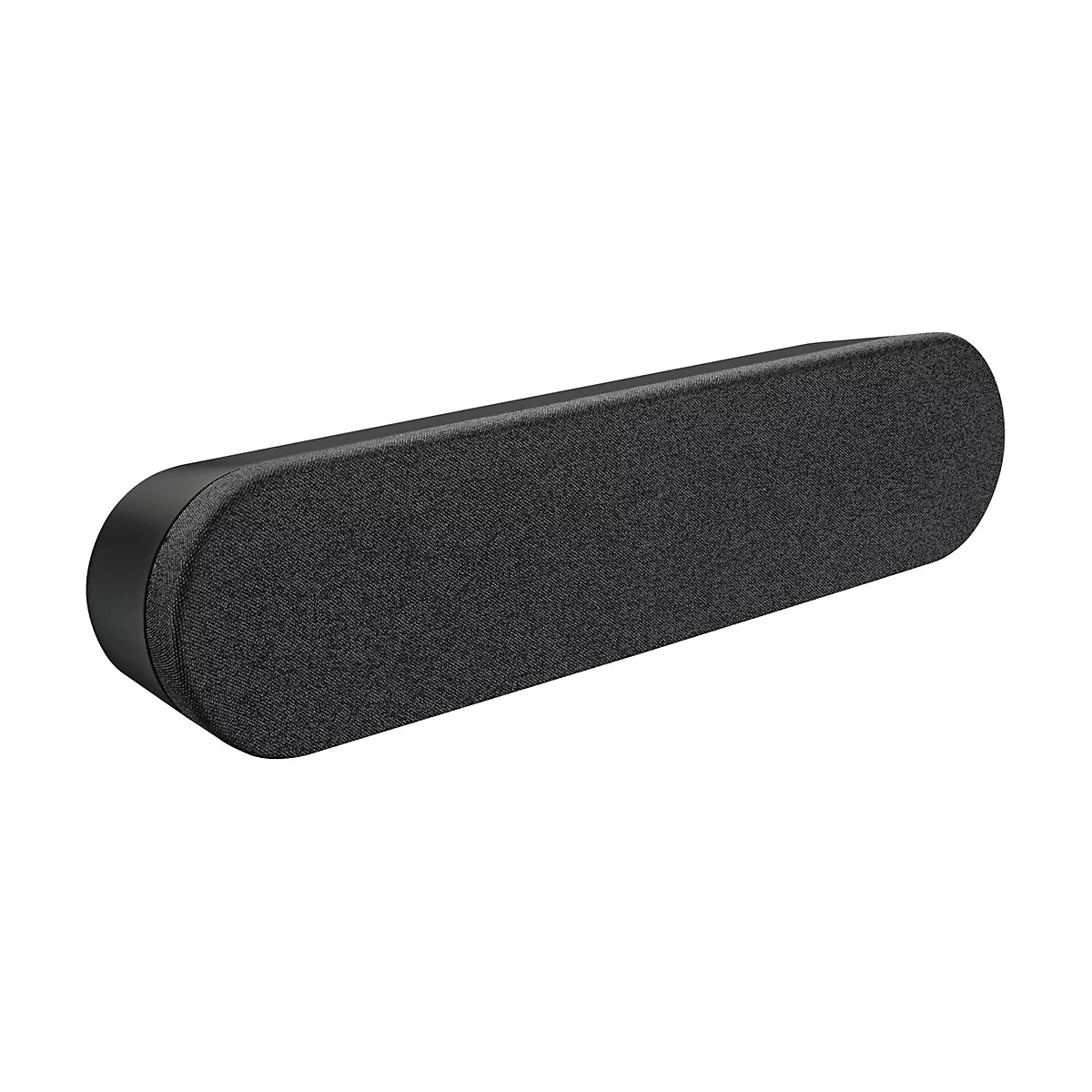 Schwarze, längliche Soundbar mit Stoffbezug, auf hellem Hintergrund. Abgerundete Enden, leicht geneigt.