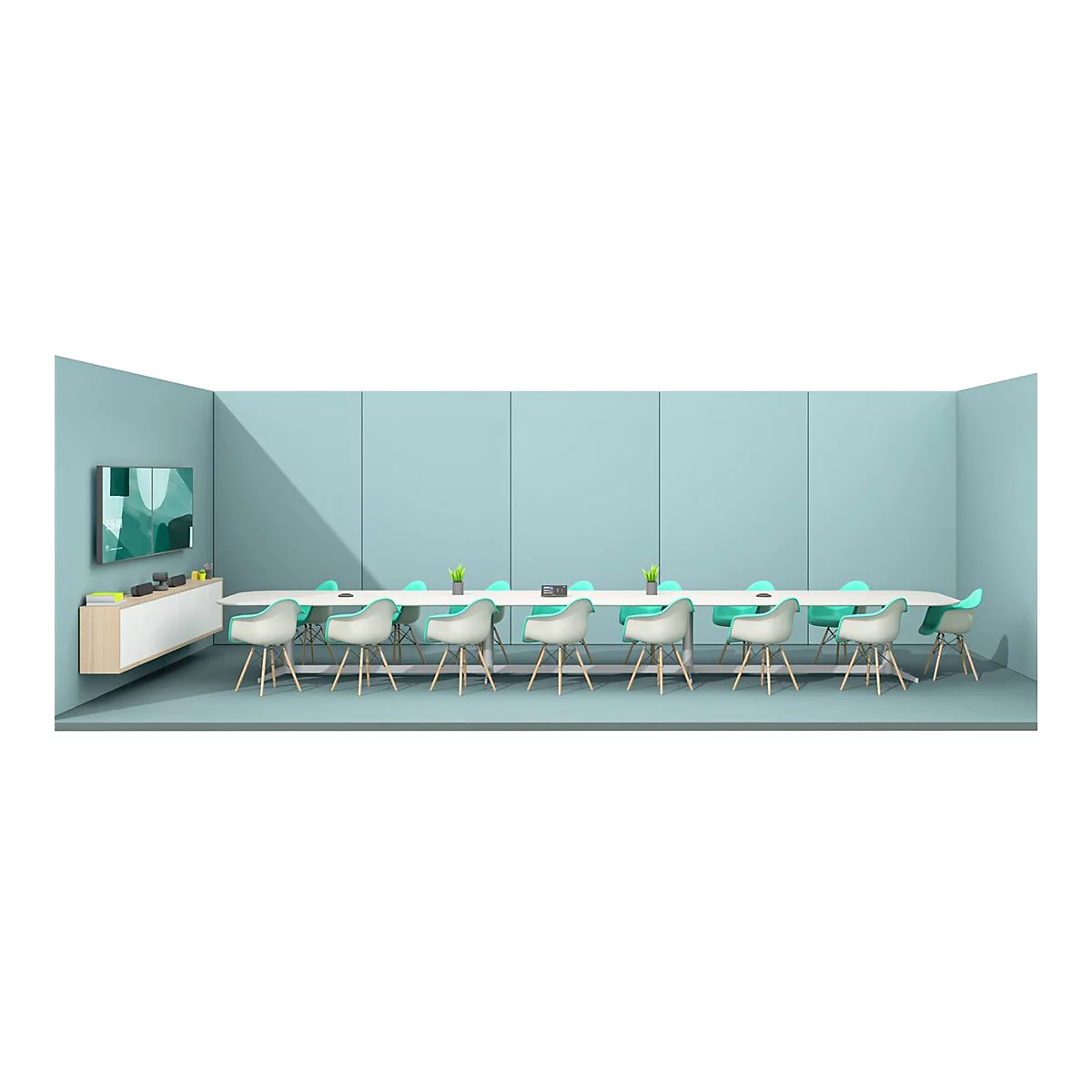 Konferenzraum in Türkis mit Tisch, Stühlen und Kunstwerk.