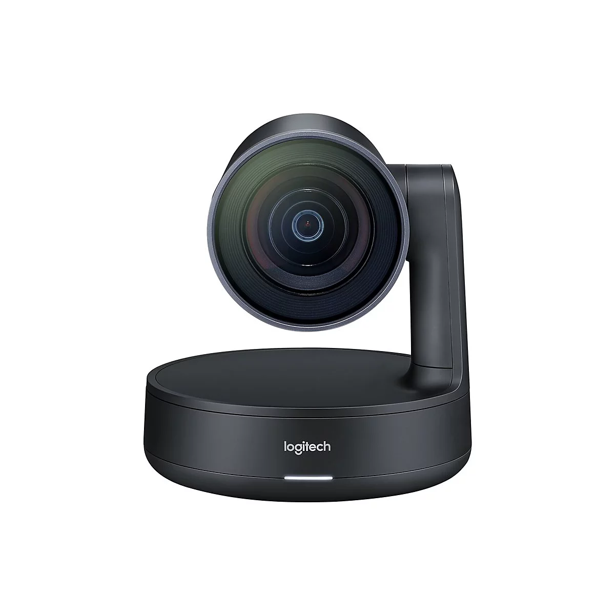 Schwarze Logitech-Webcam. Rundes Objektiv über einem zylindrischen Sockel. Weißes Licht und Logitech-Logo.