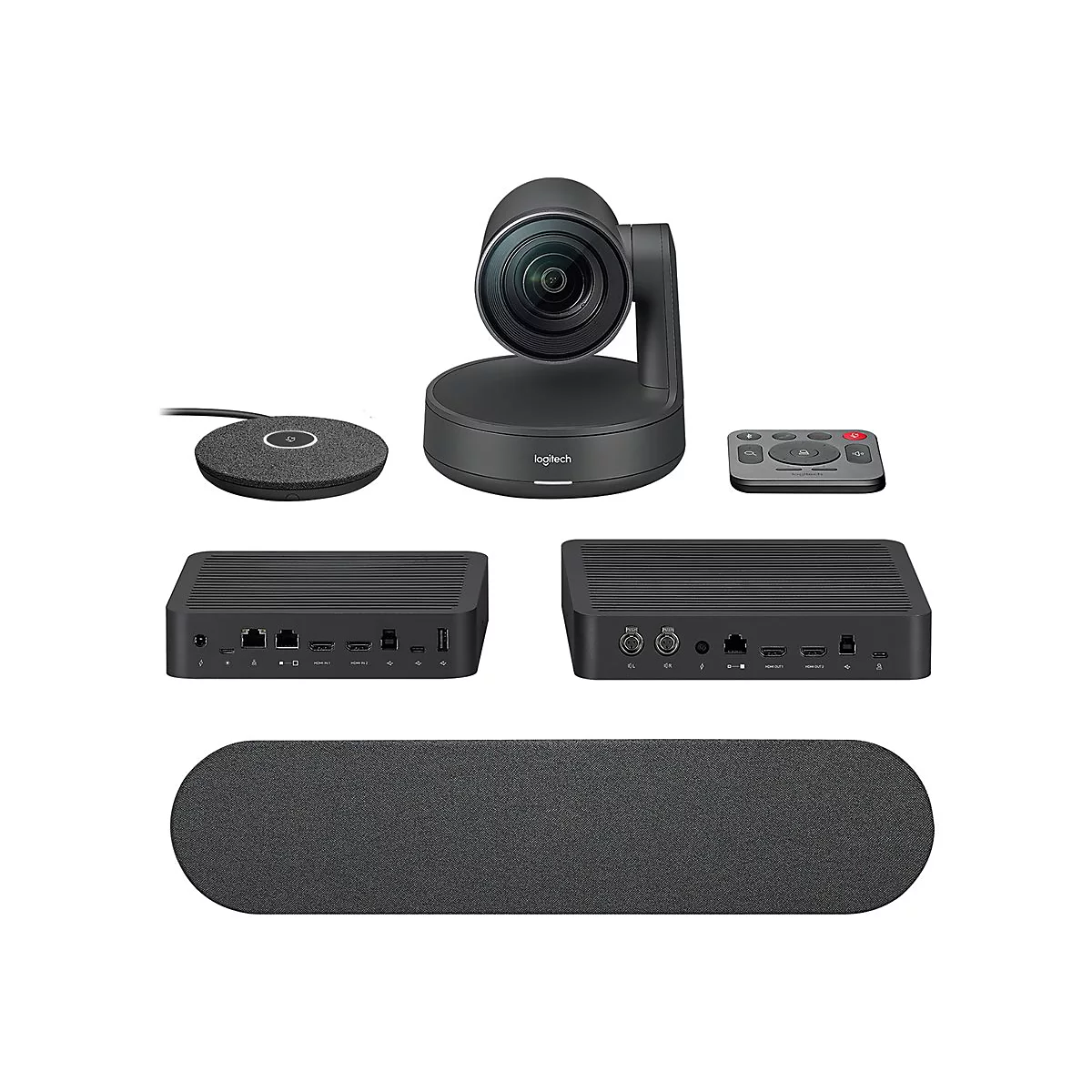 Eine Produktpräsentation von Logitech-Videokonferenzsystemen. Das Bild zeigt eine Kamera, ein Steuergerät, zwei Empfänger, ein Mikrofon und eine Soundbar.