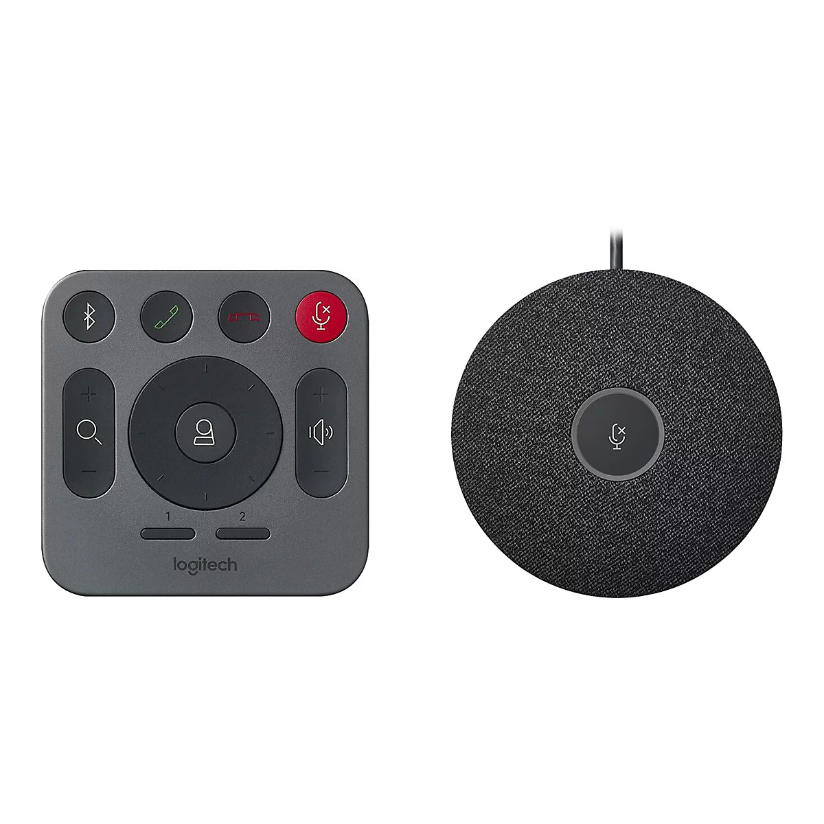 Graues Logitech-Konferenzsystem mit Fernbedienung und rundem Mikrofon. Auf der Fernbedienung sind Symbole für Bluetooth, Anruf, Stummschaltung und Lautstärke.