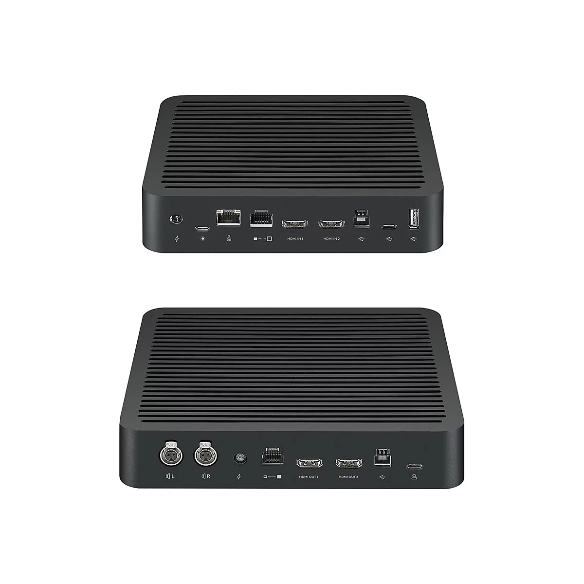 Zwei schwarze, quaderförmige Geräte mit zahlreichen Anschlüssen, oben und unten betrachtet. Beschriftungen: HDMI IN 1, 2, HDMI OUT 1, 2. Geriffelte Oberflächen.