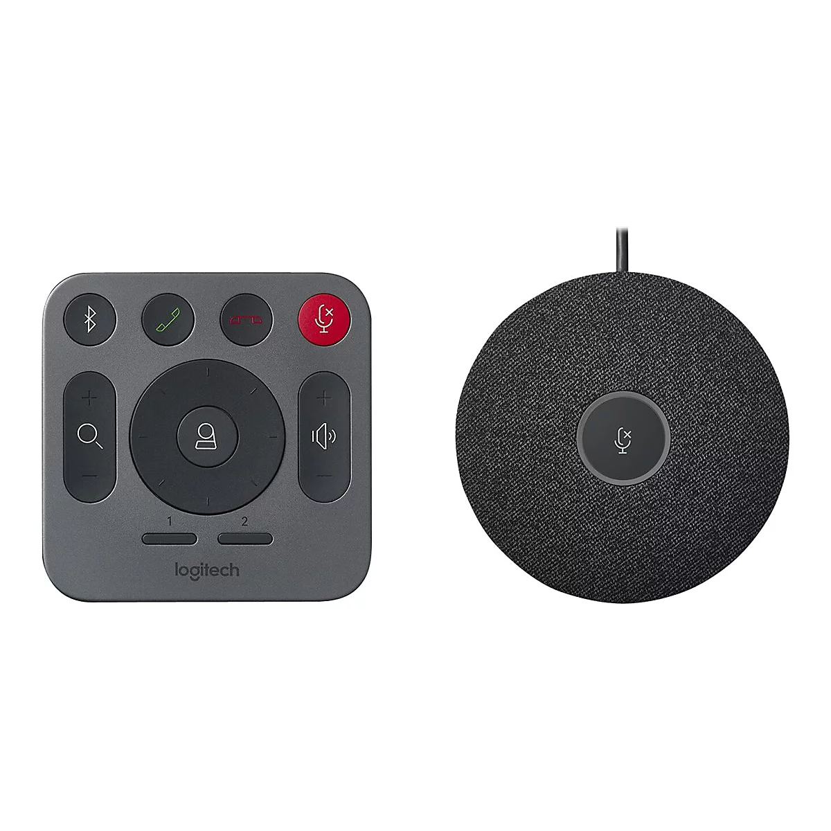 Grauer Konferenzcontroller mit runden und eckigen Tasten. Daneben ein schwarzes rundes Mikrofon. Beide auf weißem Hintergrund.