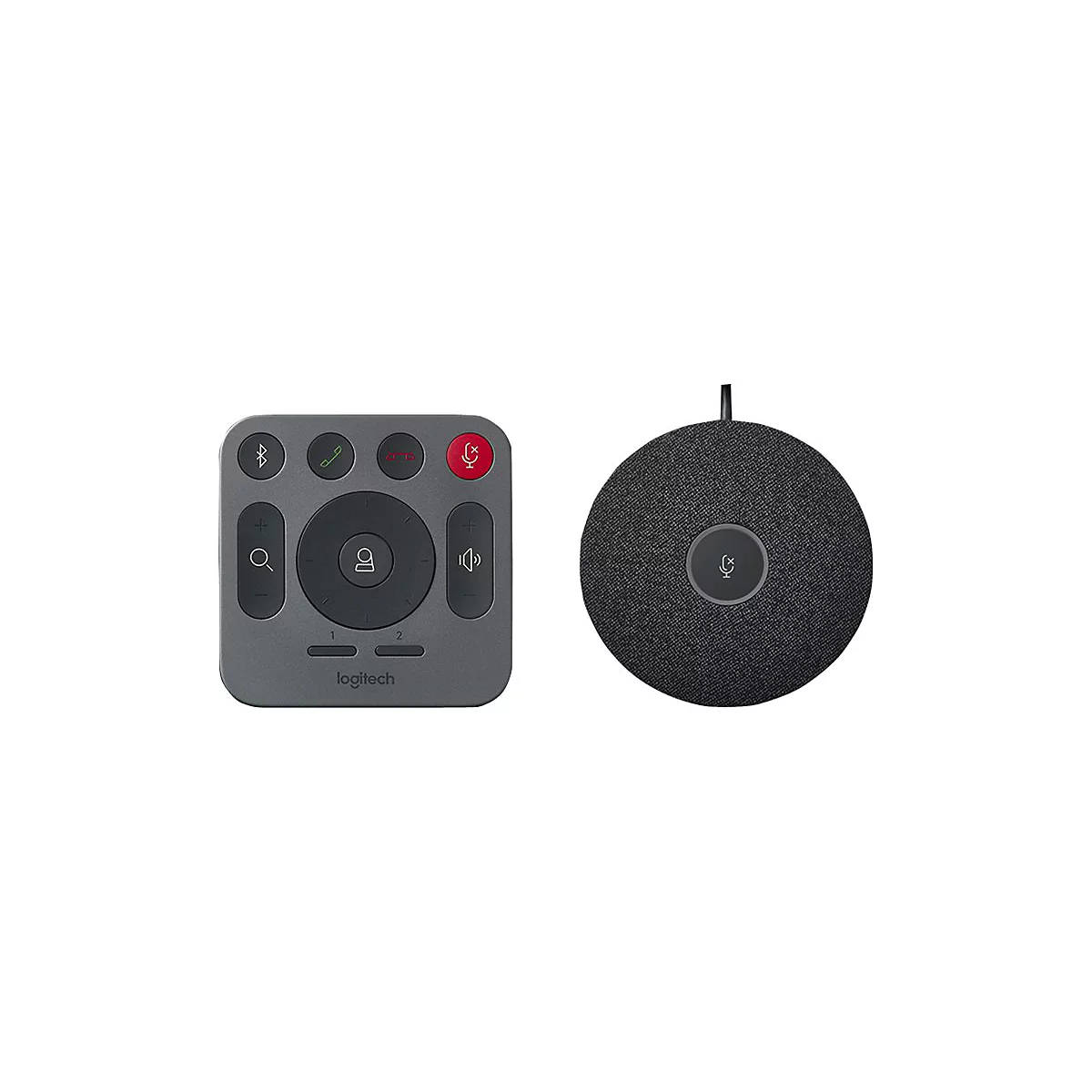 Grauer Logitech-Controller und schwarzer, runder Lautsprecher mit Mikrofon. Auf dem Controller befinden sich Knöpfe: Bluetooth, Anruf annehmen, Auflegen, Mikrofon stumm schalten, Lautstärke.
