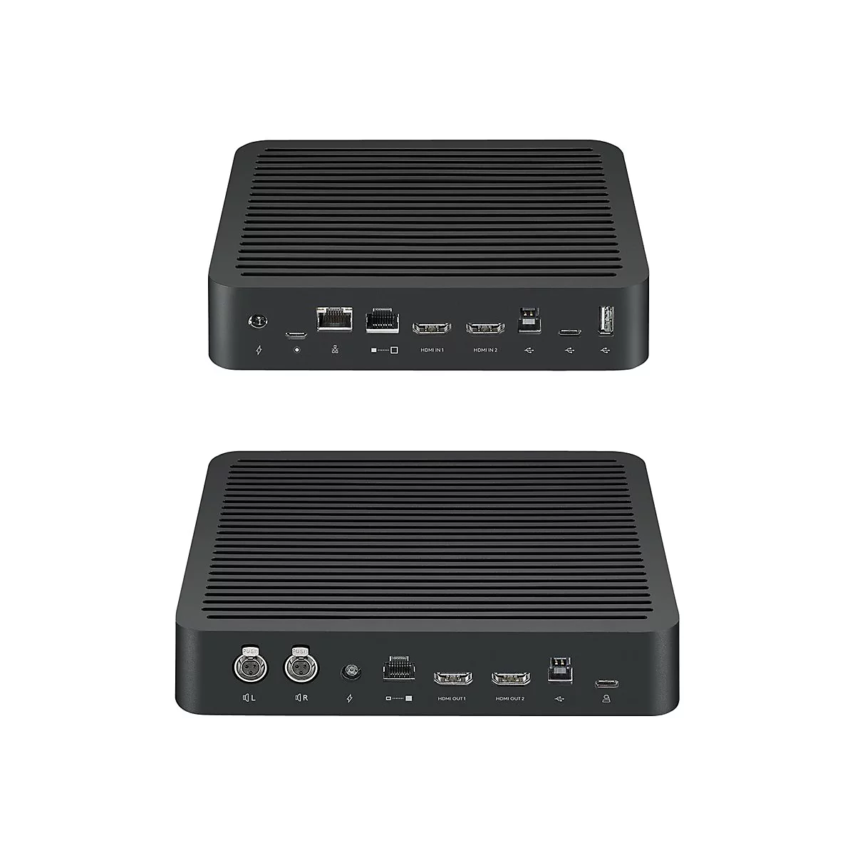 Zwei schwarze, geriffelte Kästen mit Anschlüssen, beschriftet mit HDMI In/Out und weiteren Symbolen.