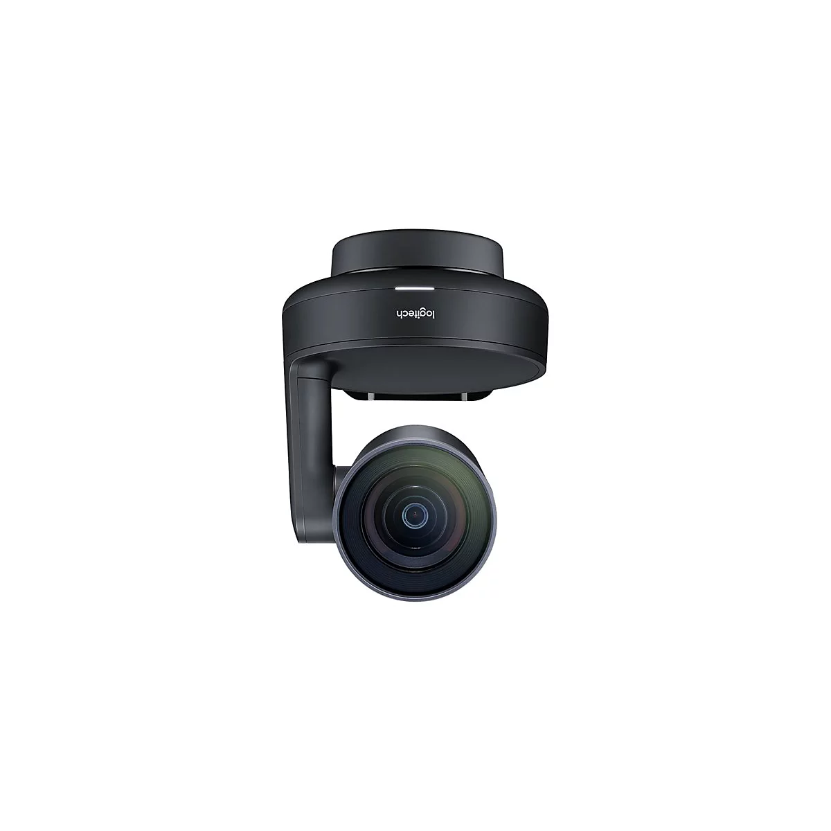 Schwarze Logitech-Webcam, die nach unten zeigt. Die Linse ist im Fokus.