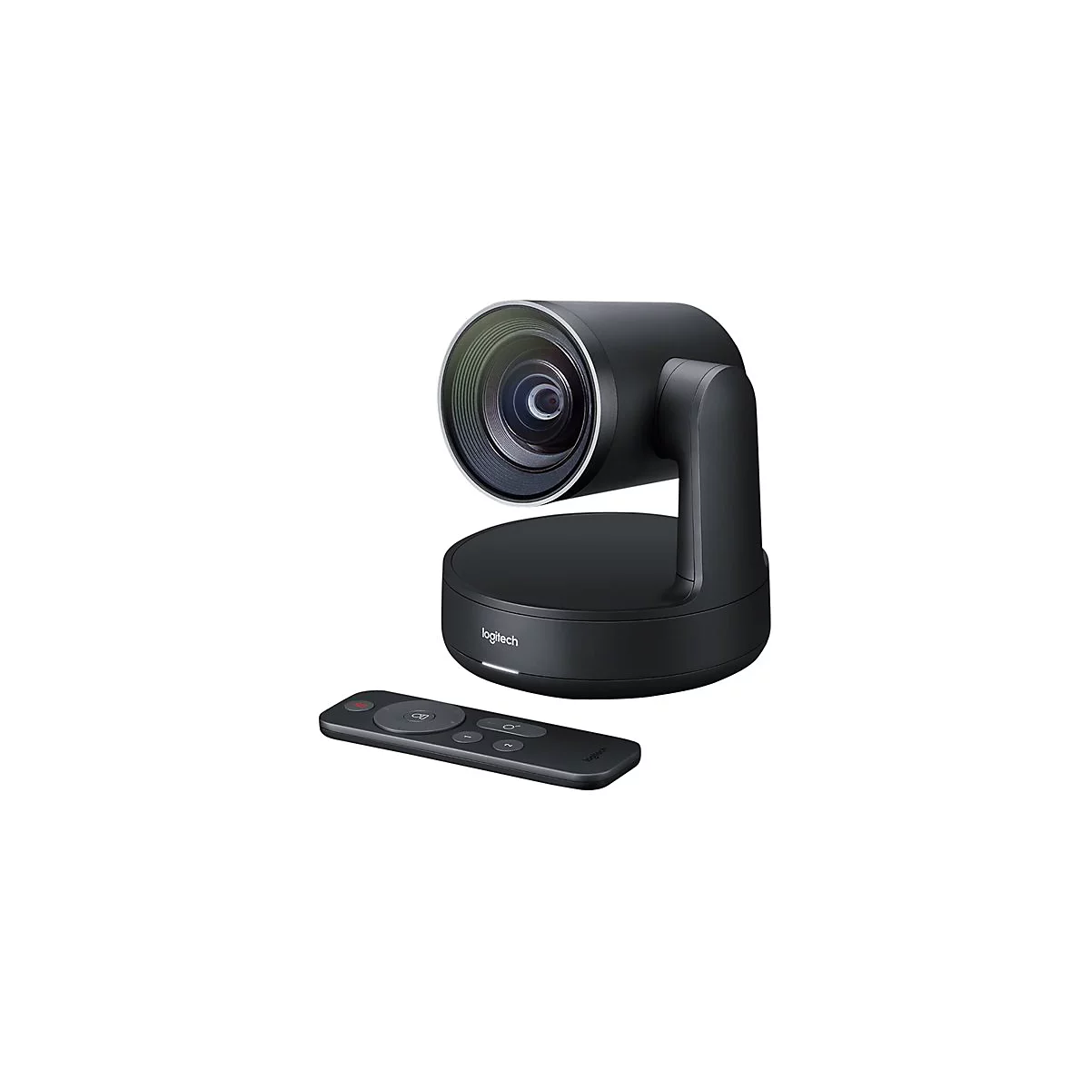 Schwarze Logitech-Webcam mit Fernbedienung auf weiÃŸem Hintergrund.