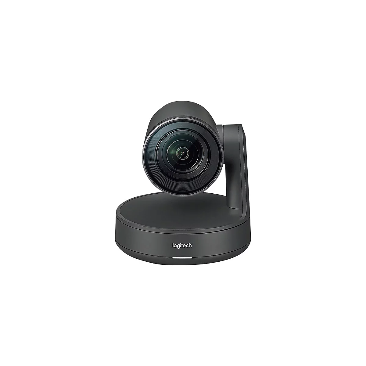 Schwarze Logitech Videokonferenzkamera. Auf weißem Hintergrund. Das Objektiv ist im Fokus, das Logo ist sichtbar.