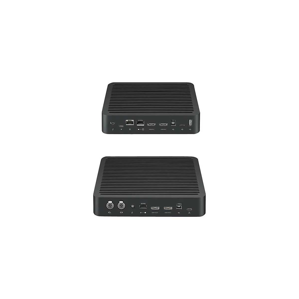 Zwei schwarzfarbene, rechteckige Geräte mit horizontalen Rillen auf der Oberseite. Auf der Rückseite Anschlüsse, wie HDMI, Ethernet und USB.