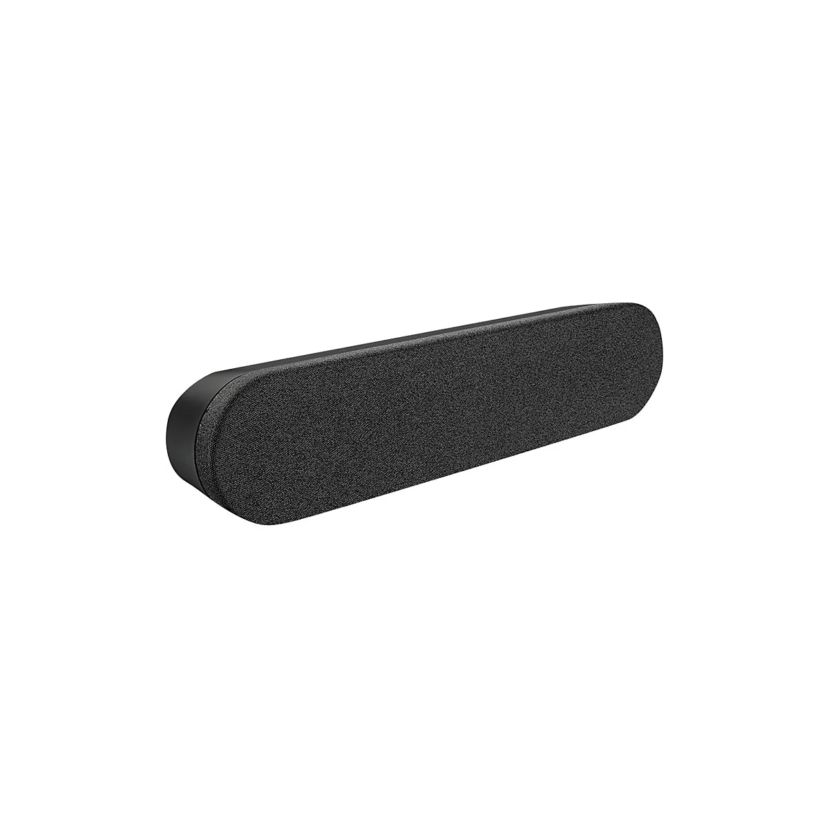 Lange, ovale schwarze Soundbar vor weißem Hintergrund. Die Oberseite ist mit Stoff bezogen, die Enden sind abgerundet.