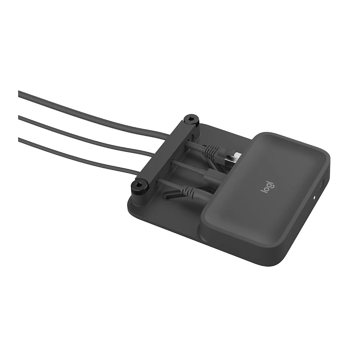 Hub Logitech gris foncé avec câbles et connecteurs. Le logo Logitech est visible sur l'appareil.