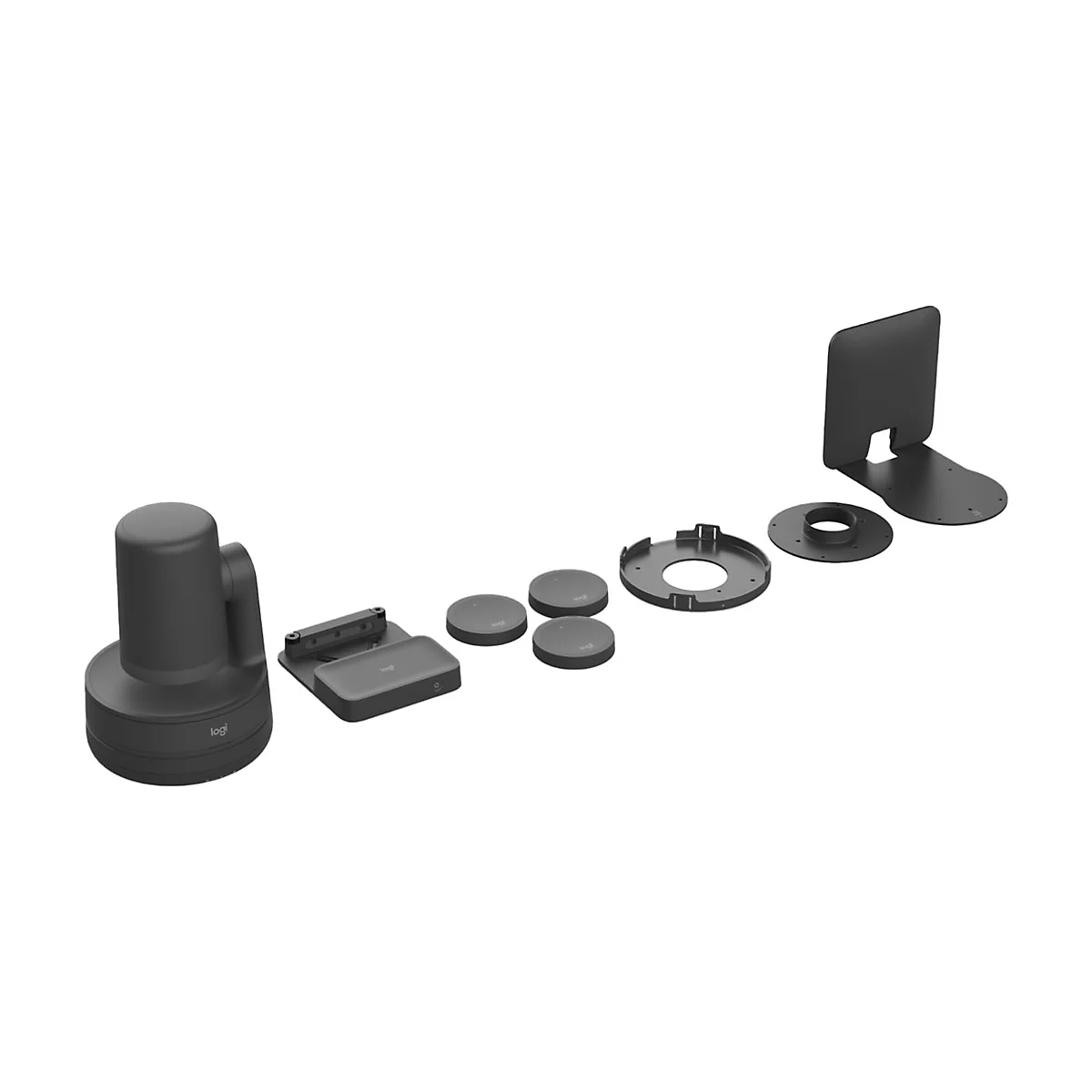 Matériel de visioconférence noir, disposé en pièces détachées, avec le logo Logitech.
