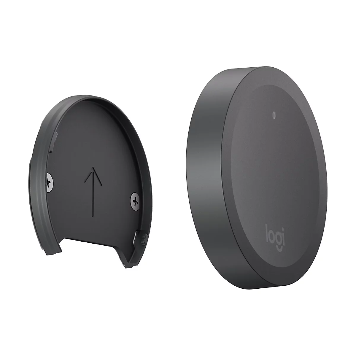 Appareil Logitech gris avec un support amovible. Des vis et une flèche sont visibles sur le support. Le logo Logitech est visible sur l'appareil.