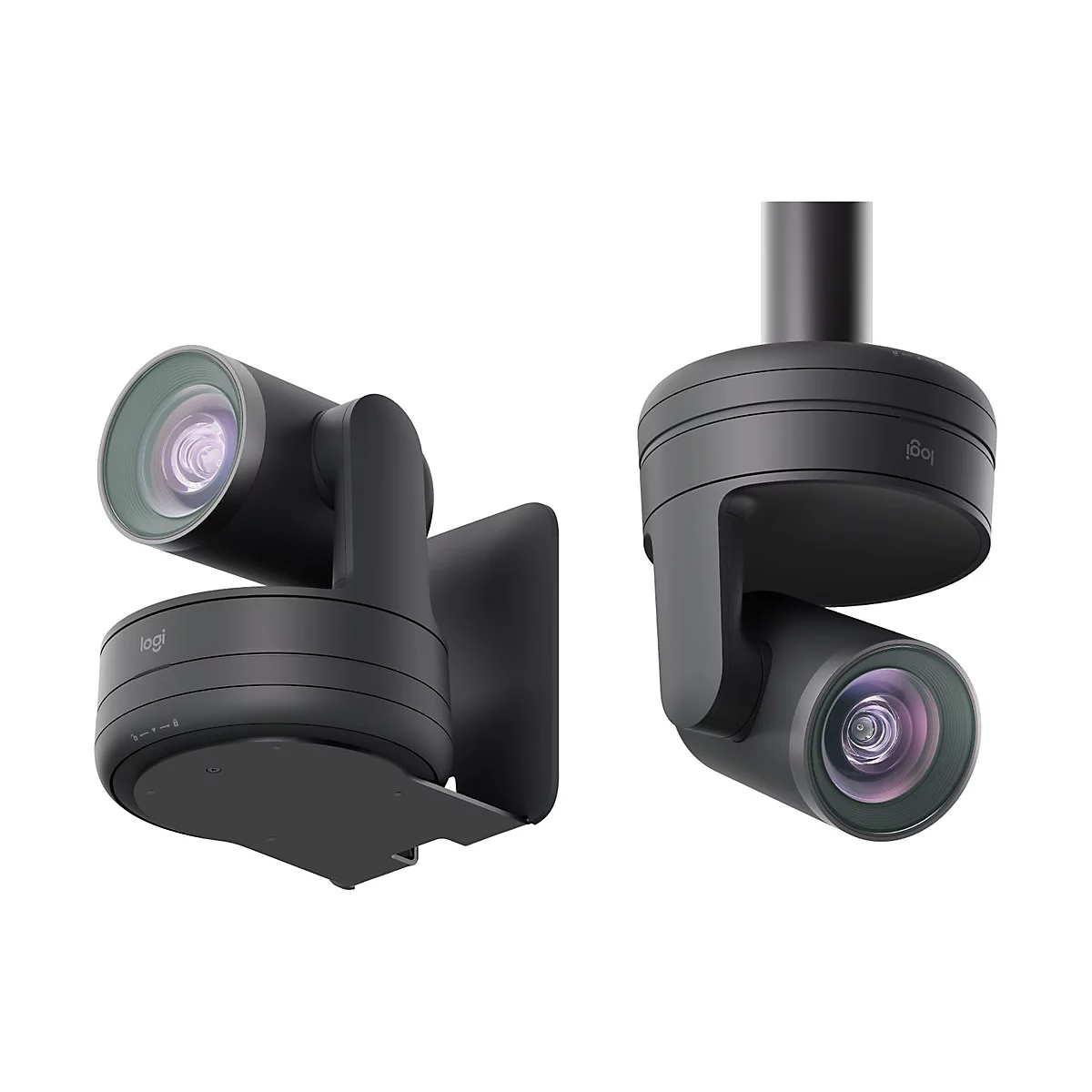 Deux webcams noires, une sur un support, une sur un bras, toutes deux avec le logo Logi.