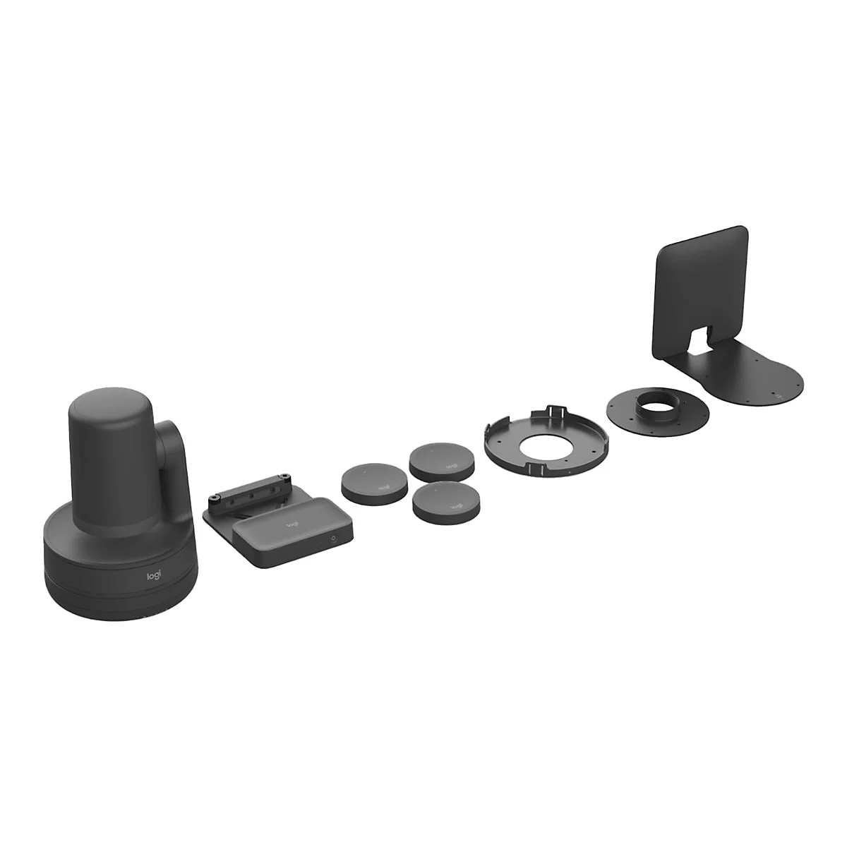 Équipement de visioconférence Logitech noir, composé d'une caméra, de supports et de commandes, sur fond blanc.
