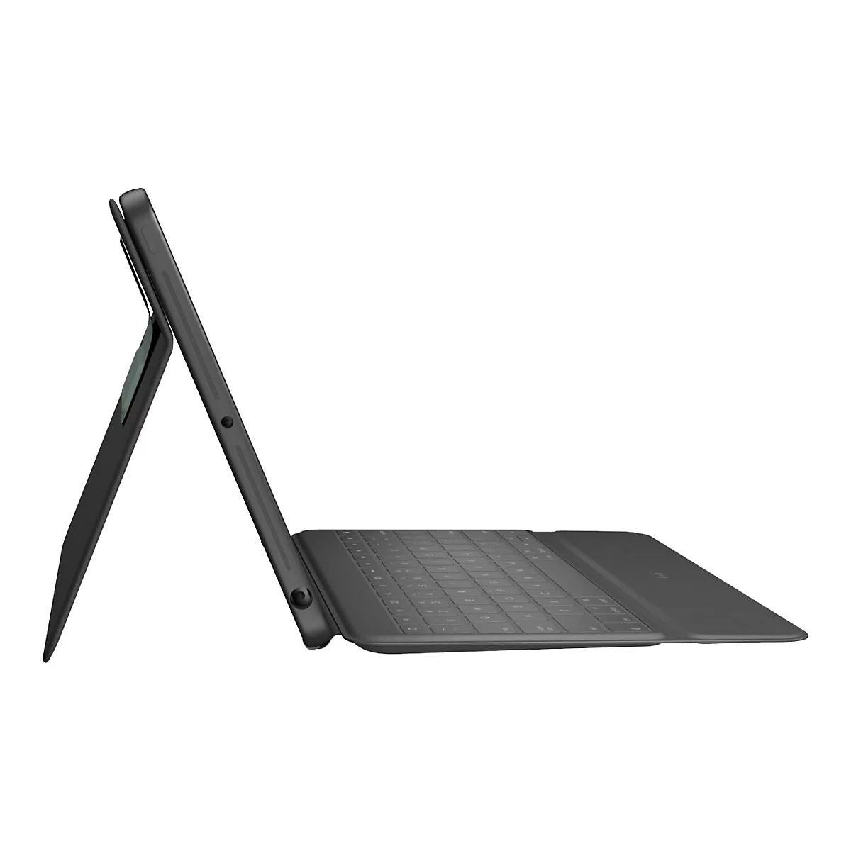 Dunkelgraue Tablet-Tastatur, von der Seite gesehen. Das Tablet ist in einer Halterung befestigt und das gesamte Set steht auf einem weißen Hintergrund.