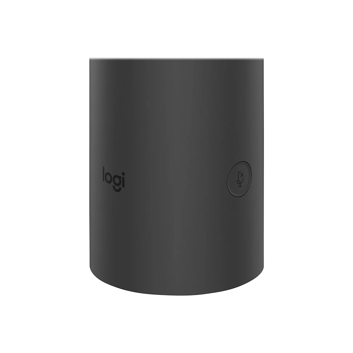 Haut-parleur Logitech cylindrique gris foncé avec logo Logitech et bouton micro.
