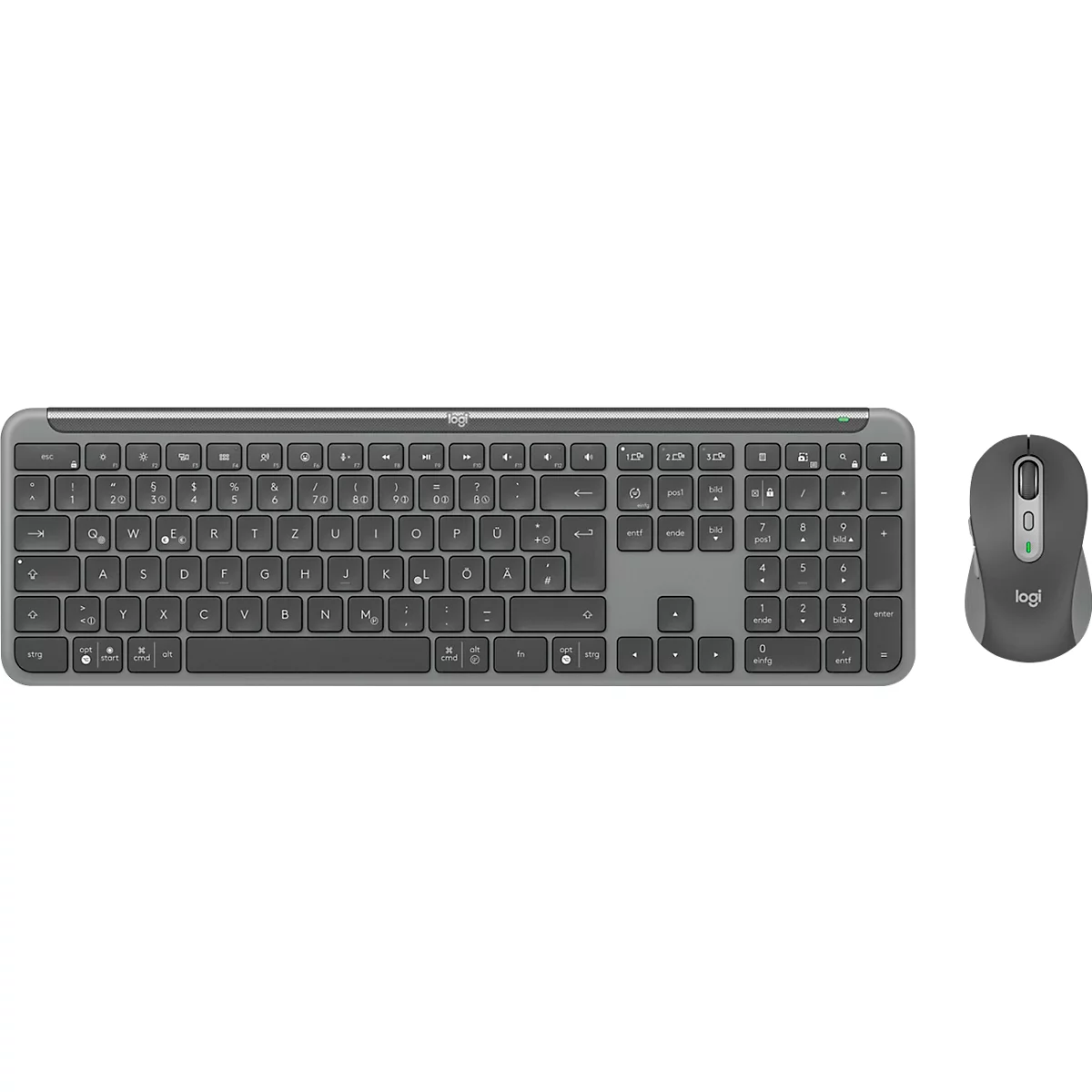 Top view of wireless keyboard and mouse, dark grey. Keyboard with keys, mouse with logo.