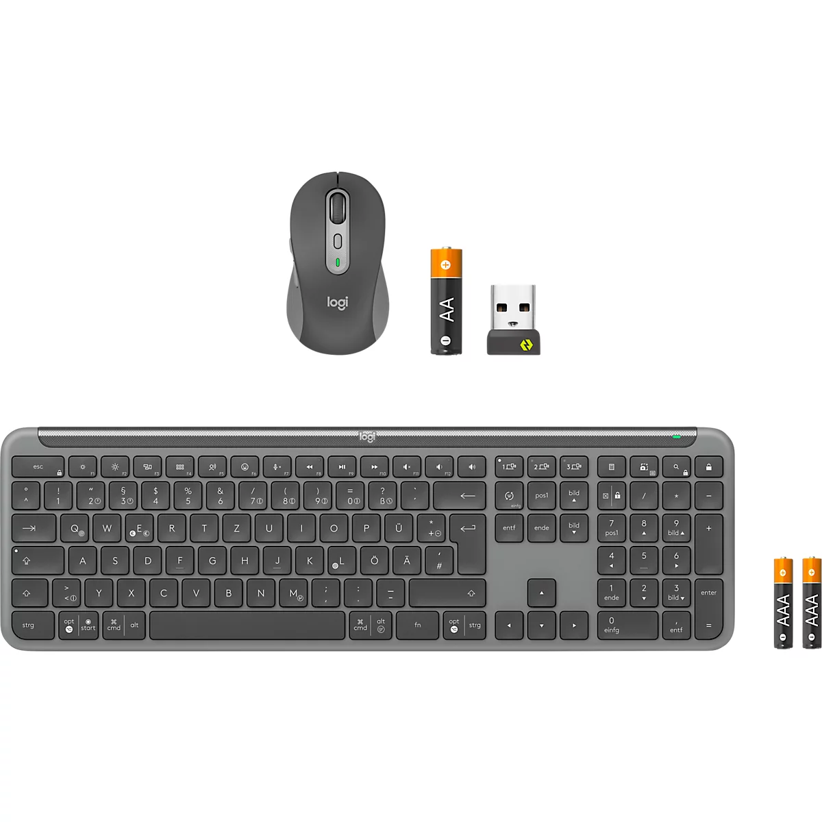 Wireless keyboard and mouse set, plus batteries and a USB receiver. The gray keyboard is rectangular. The mouse is also gray.