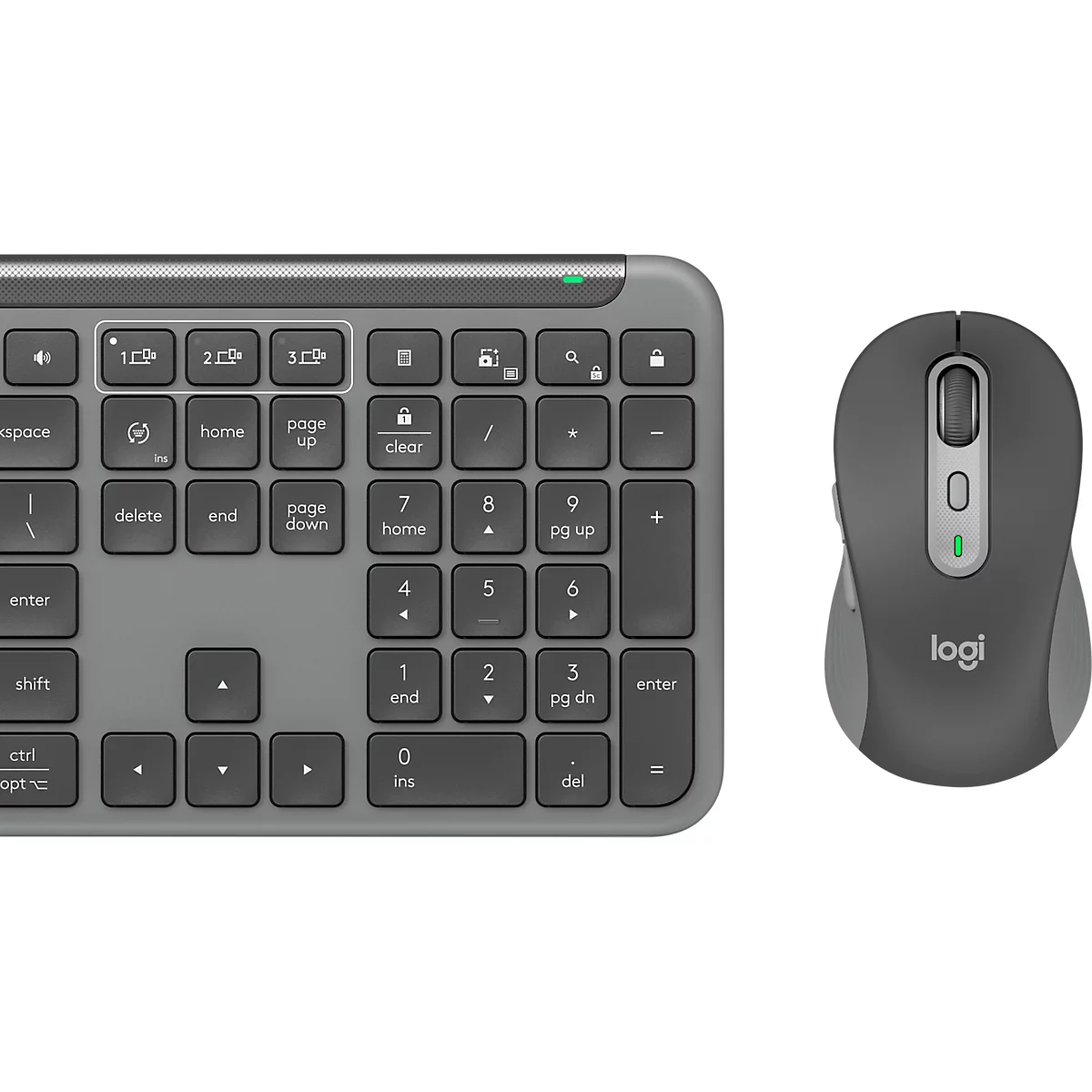Grey keyboard and mouse. The keyboard has a numeric keypad. The mouse says 'logi'.