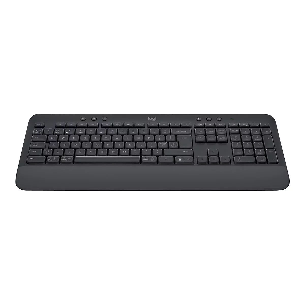Dunkelgraue Tastatur mit Handauflage, Buchstaben- und Zifferntasten. Logi-Logo rechts oben.