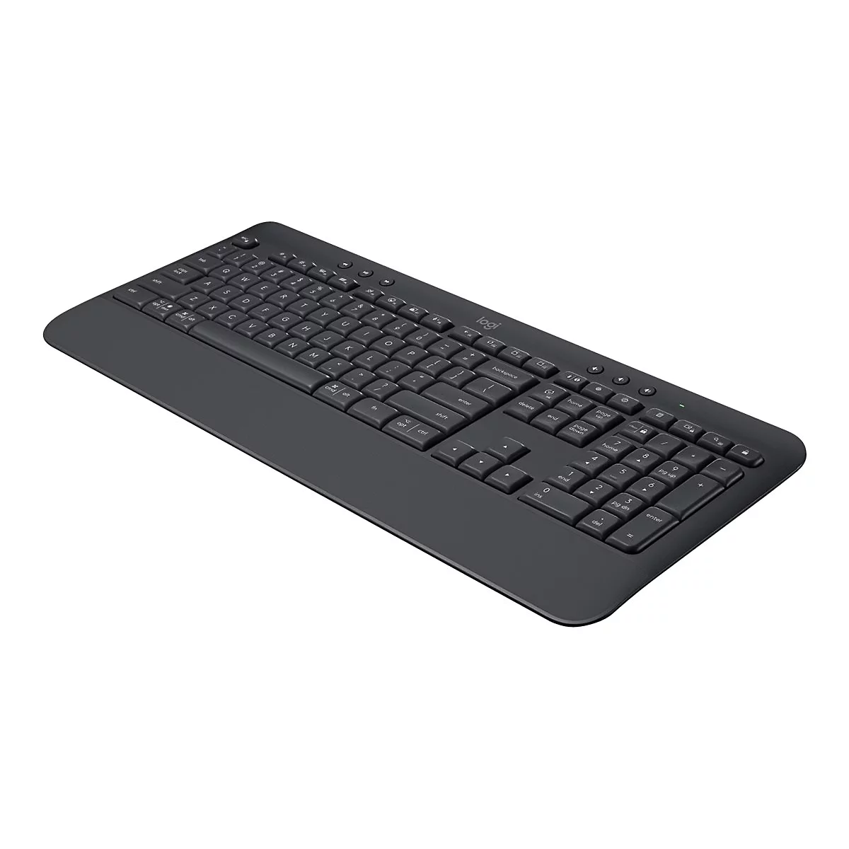 Dunkelgraue Computertastatur auf weiÃŸem Hintergrund.
