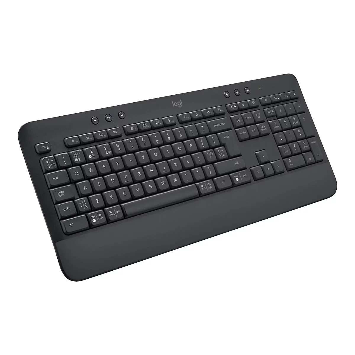 Schwarze Tastatur von Logitech, im leicht schrÃ¤gen Winkel aufgenommen.